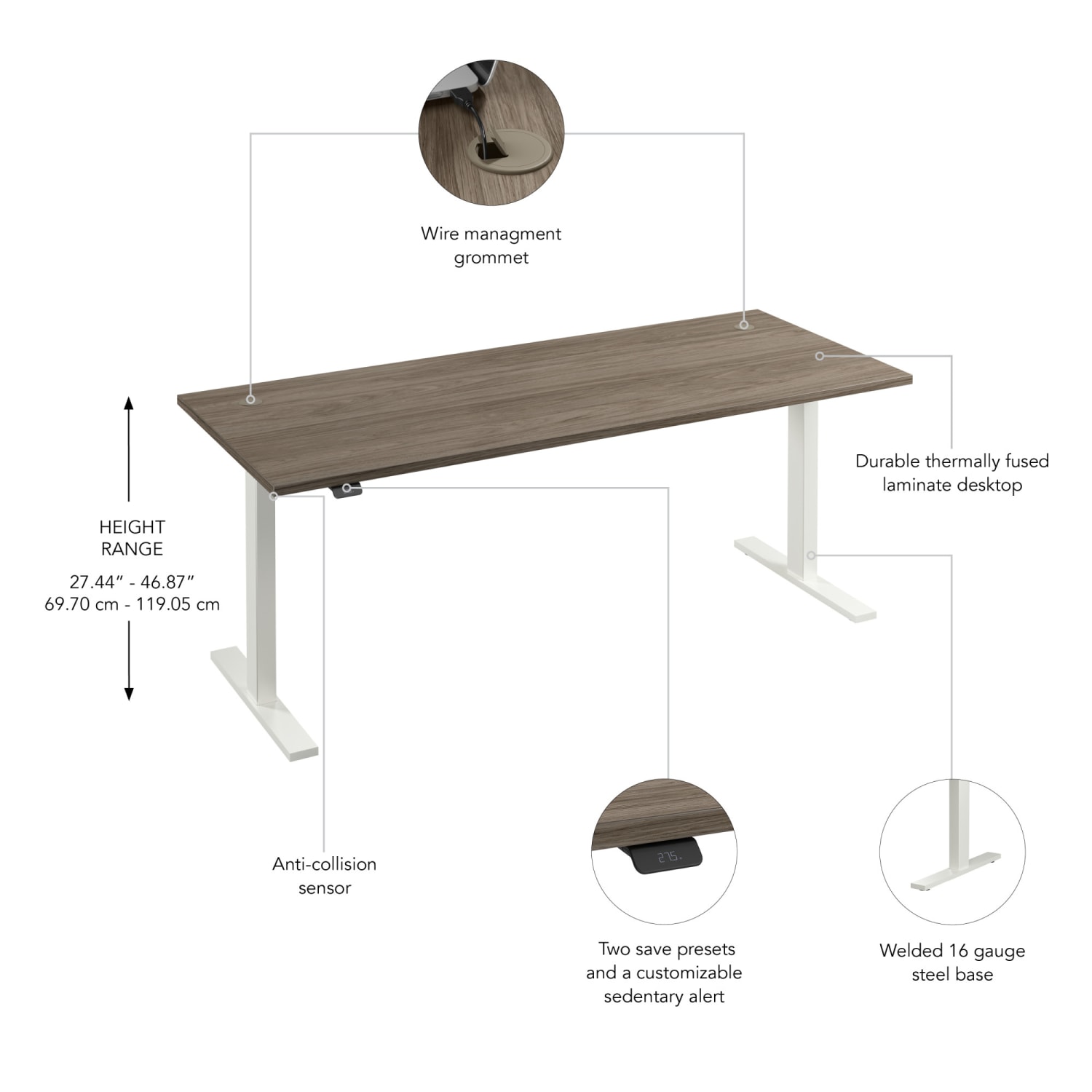 Bush Business Furniture Move 60 Series 72inW x 30inD Electric Height Adjustable Standing Desk, Modern Hickory/White Powder Coat, Standard Delivery - Image 4