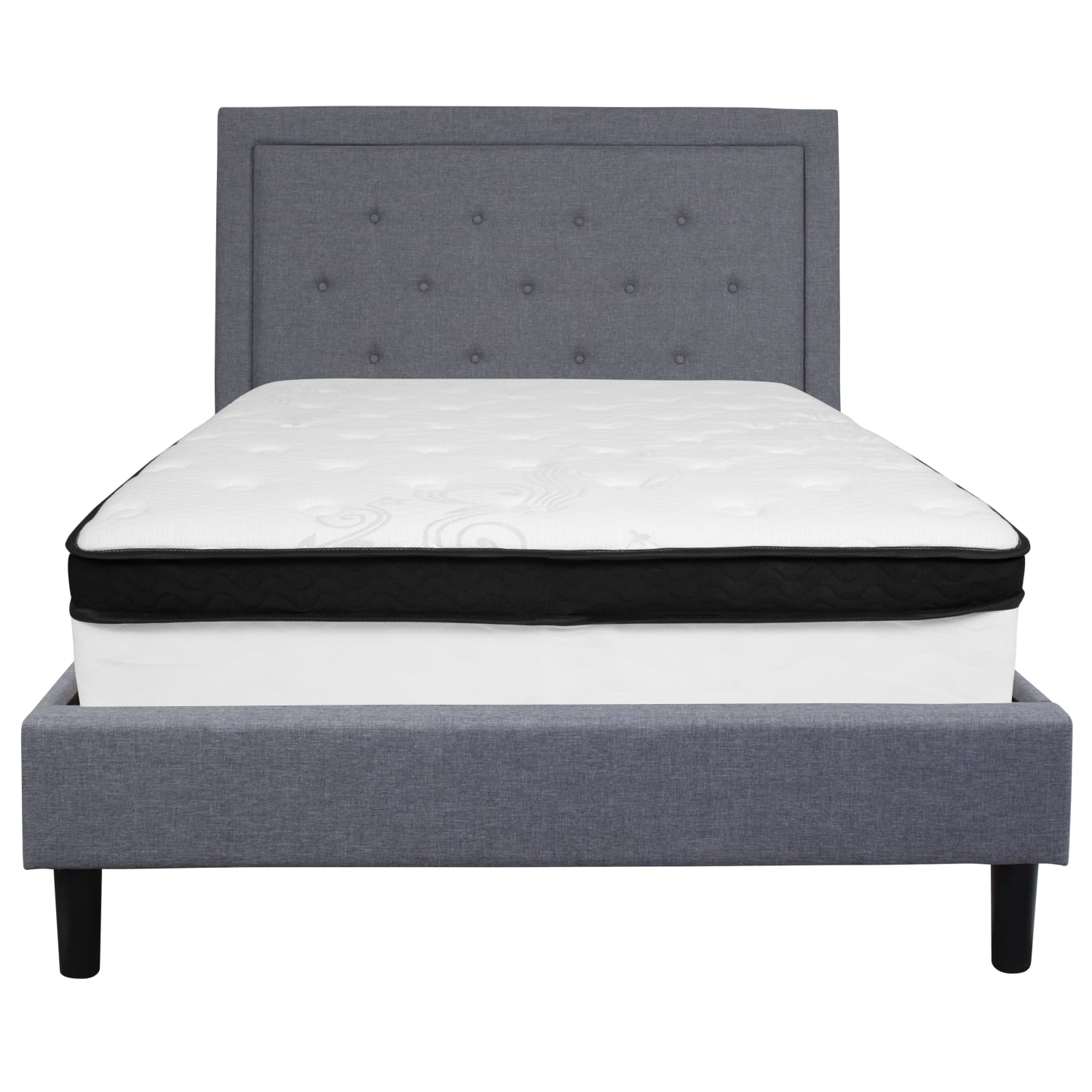 Flash Furniture Roxbury Panel Tufted Upholstered Platform Bed and Memory Foam Pocket Spring Mattress, Full, 50-3/4inH x 59inW x 81inL, Light Gray - Image 6