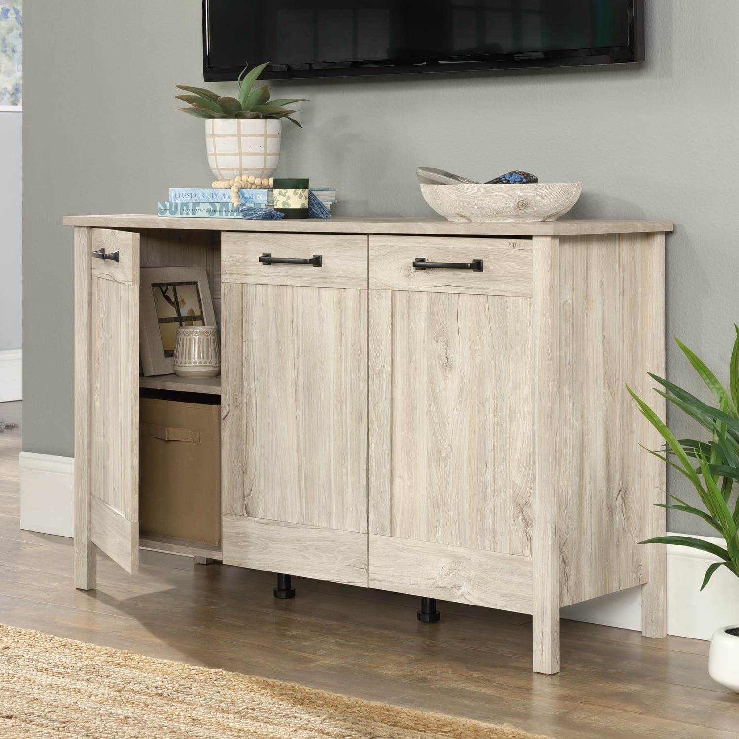 Sauder 48inW Horizontal Storage Cabinet With 3 Doors, Chalk Oak - Image 5