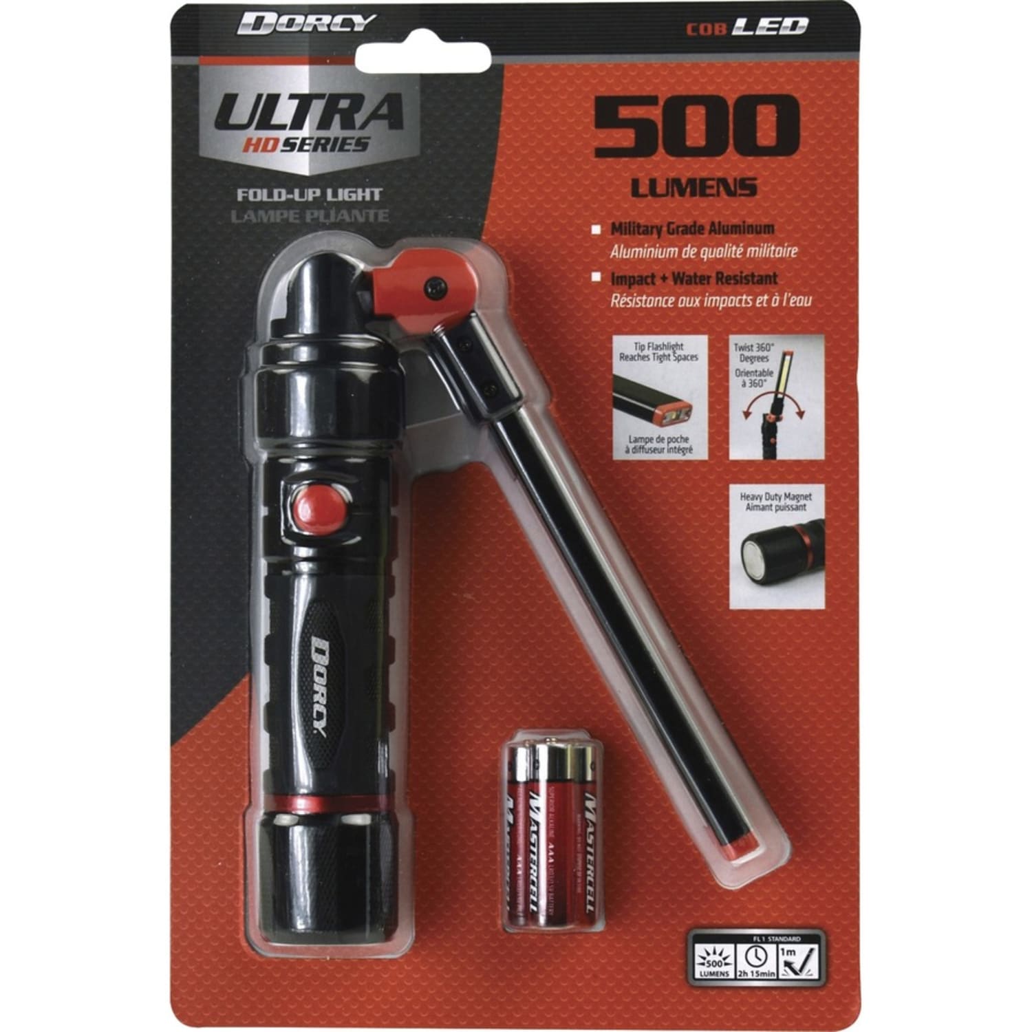 Dorcy Ultra HD Series Foldable Flashlight - LED - 500 lm Lumen - 3 x AAA - Battery - Impact Resistant, Water Resistant - Black, Red - 1 Each - Image 3
