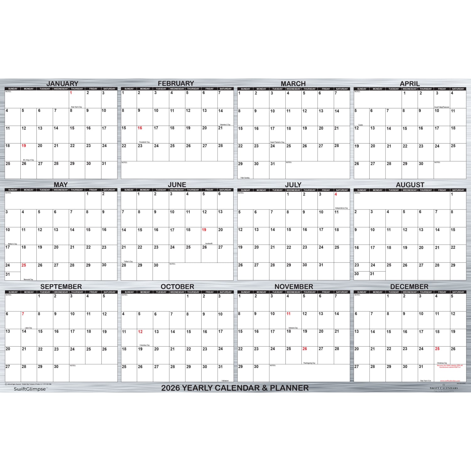 2026 SwiftGlimpse Designer Wall Calendar, 24in x 36in, Gray Silver/White, January To December