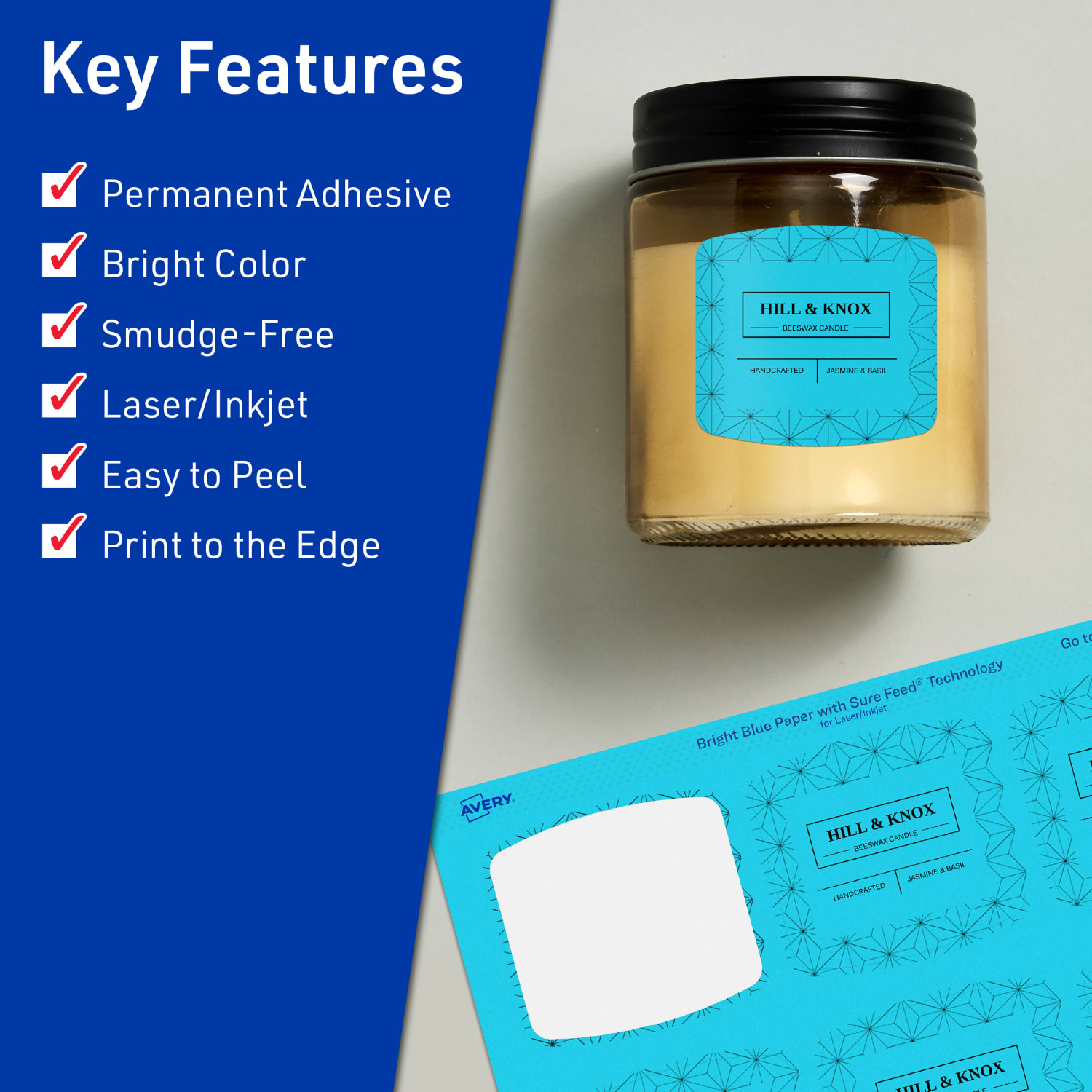 Avery Print-To-The-Edge Labels With Sure Feed Technology, 94124-BBP20, Arched Square, 2in x 2-3/16in, Matte Bright Blue, Pack of 240 - Image 3