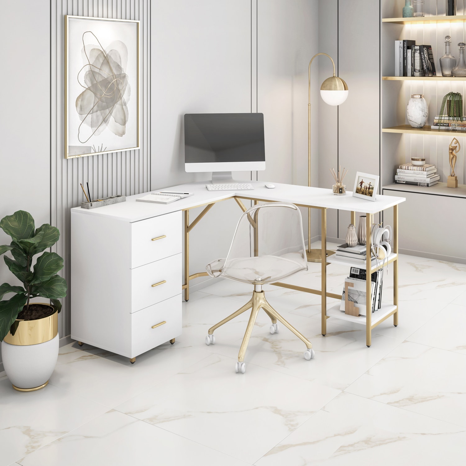 Techni Mobili 59inW L-Shaped 2-Tone Home Office Computer Desk With Storage, Gold - Image 3