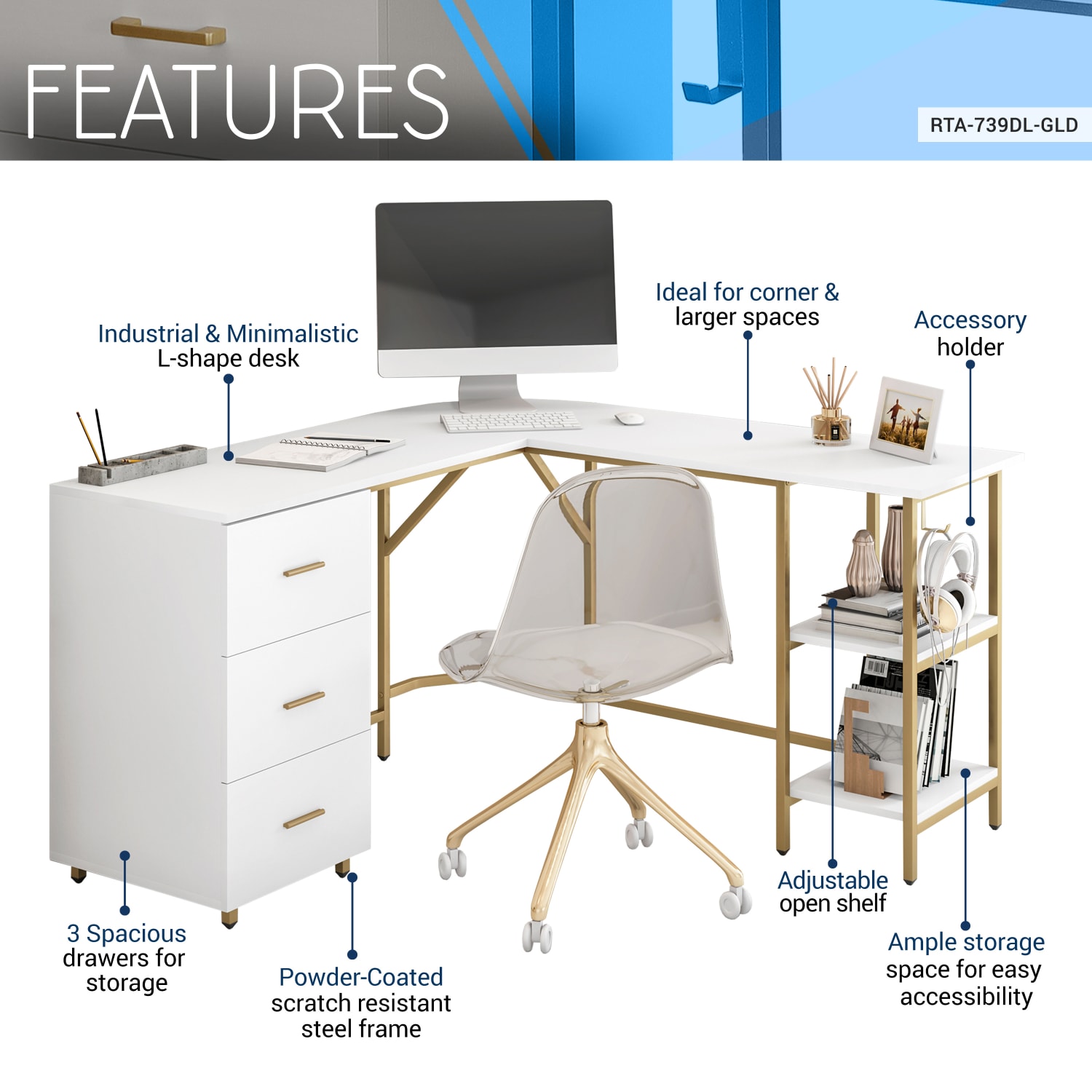 Techni Mobili 59inW L-Shaped 2-Tone Home Office Computer Desk With Storage, Gold - Image 4