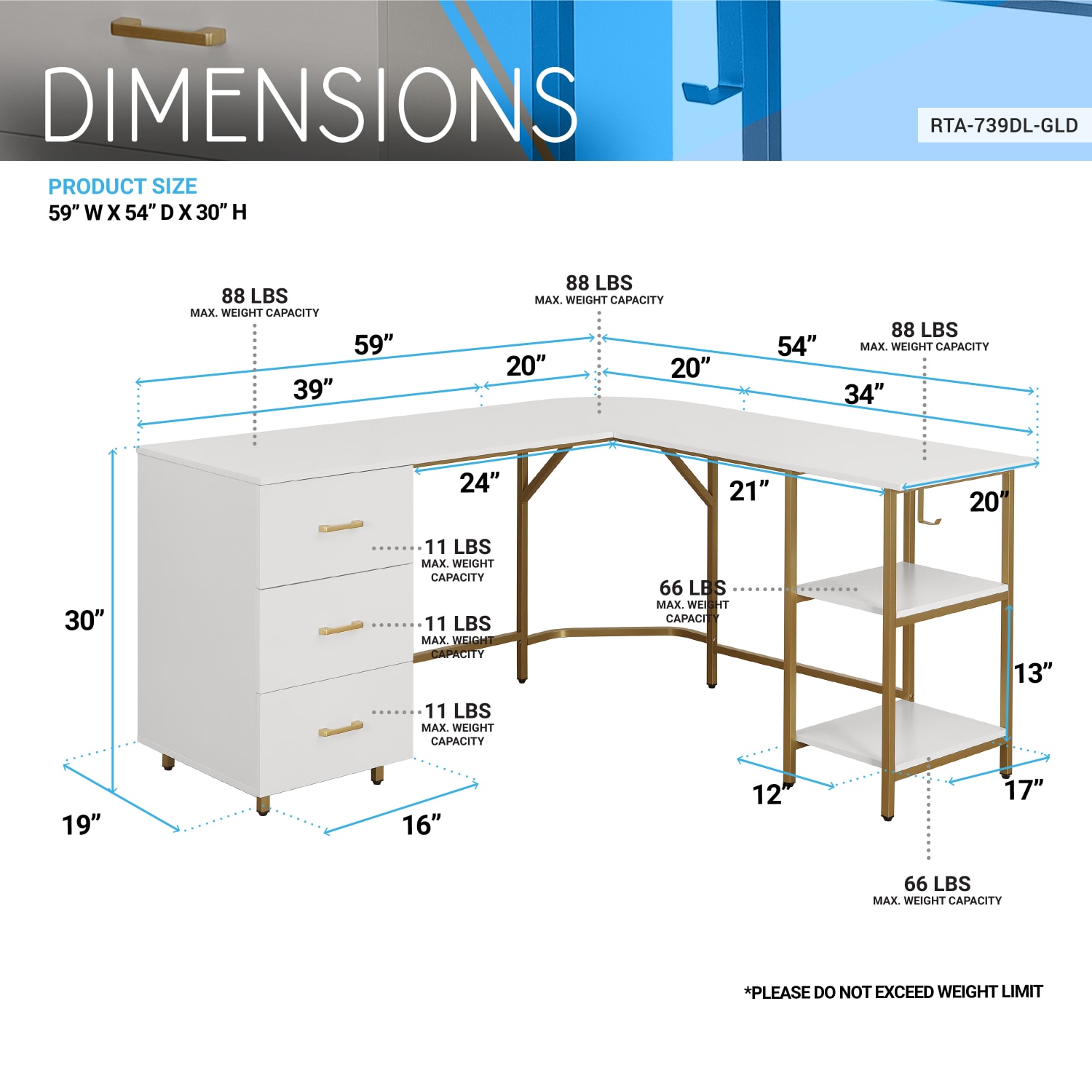Techni Mobili 59inW L-Shaped 2-Tone Home Office Computer Desk With Storage, Gold - Image 5