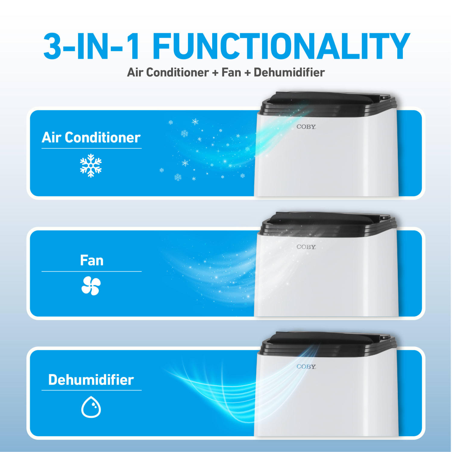 COBY Portable Air Conditioner 3-in-1 AC Unit, Dehumidifier & Fan, 12,000 BTU, 28-15/16in x 16-3/4in, White - Image 3