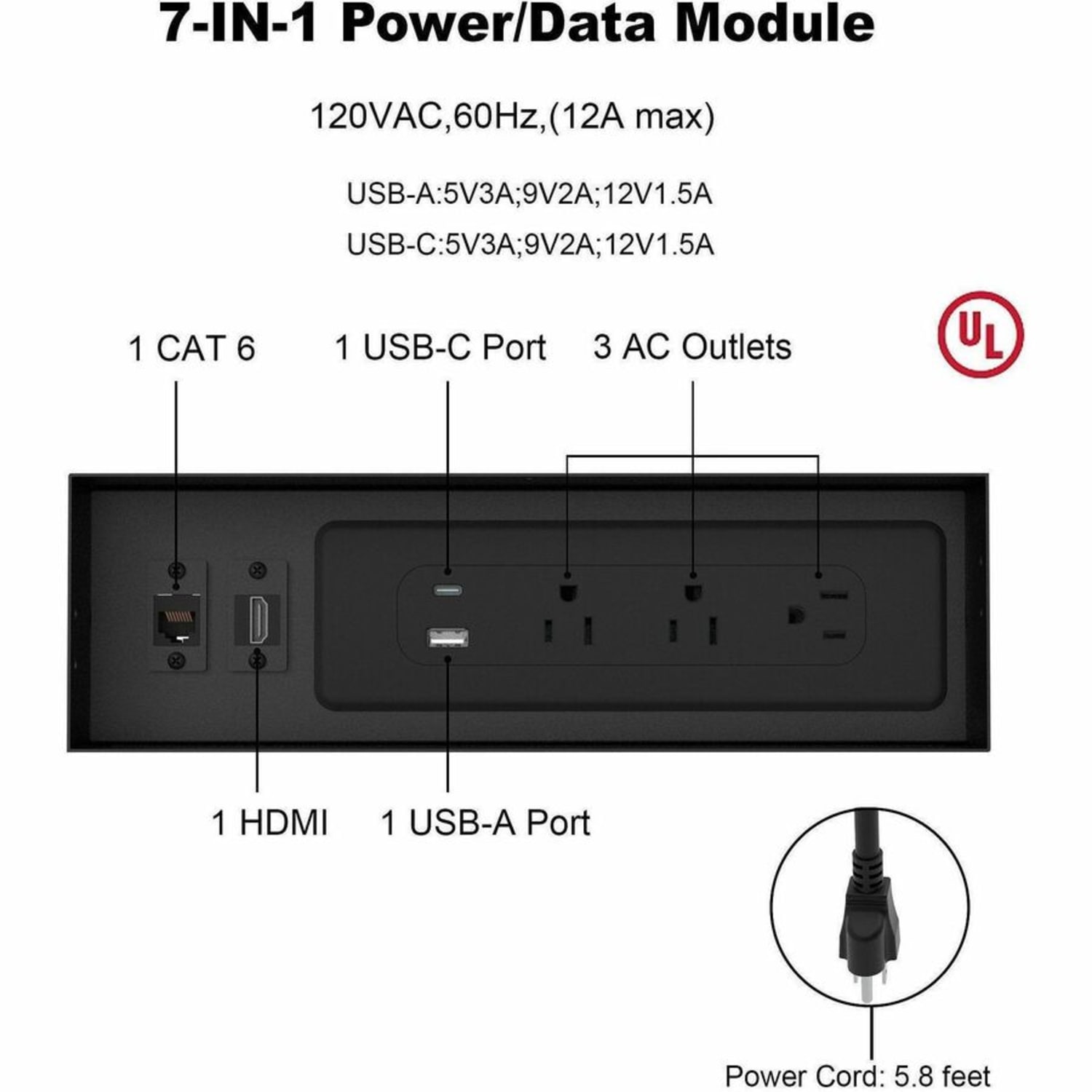 Lorell Power/Data Outlet - 5 x Power Receptacles - 120 V AC Desk Mountable - Black - 1 Each - Image 6