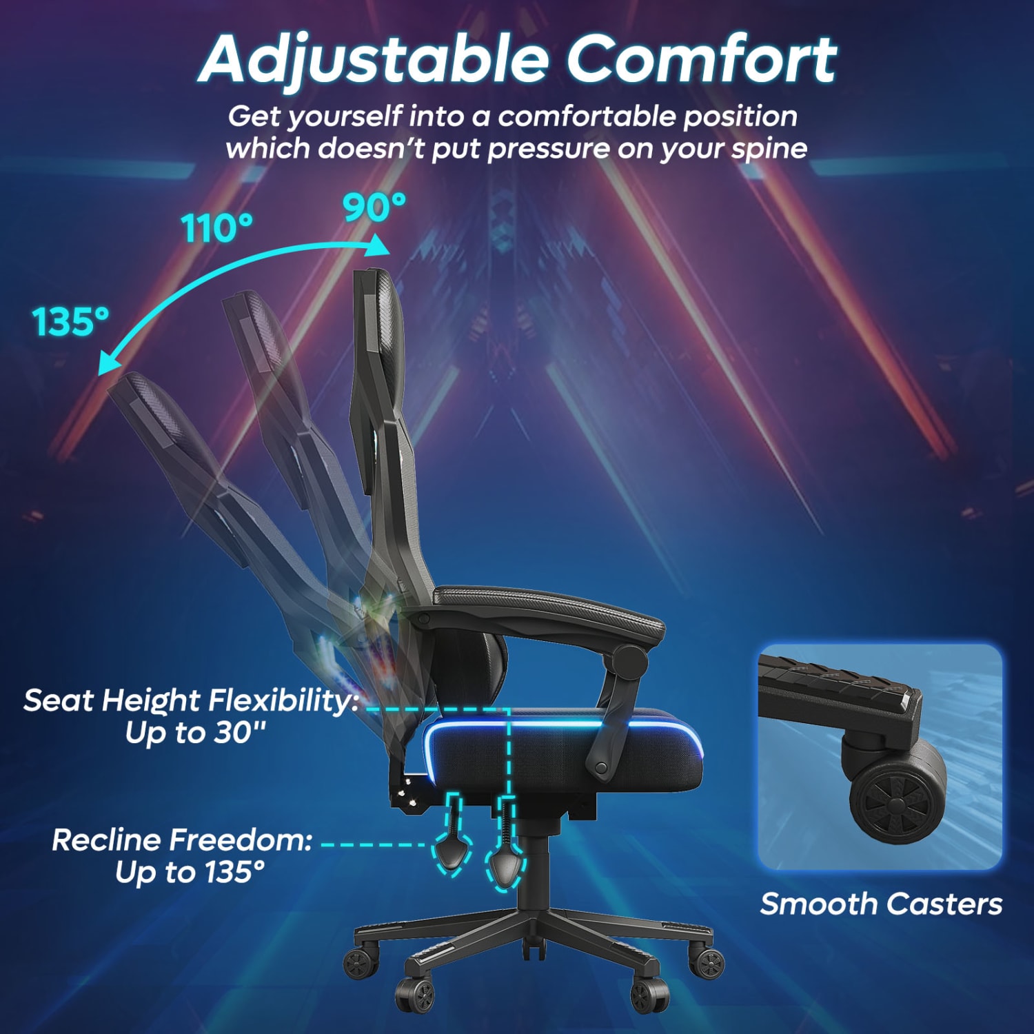 Bestier Ergonomic Gaming Chair With Integrated LED Lights, Black - Image 4