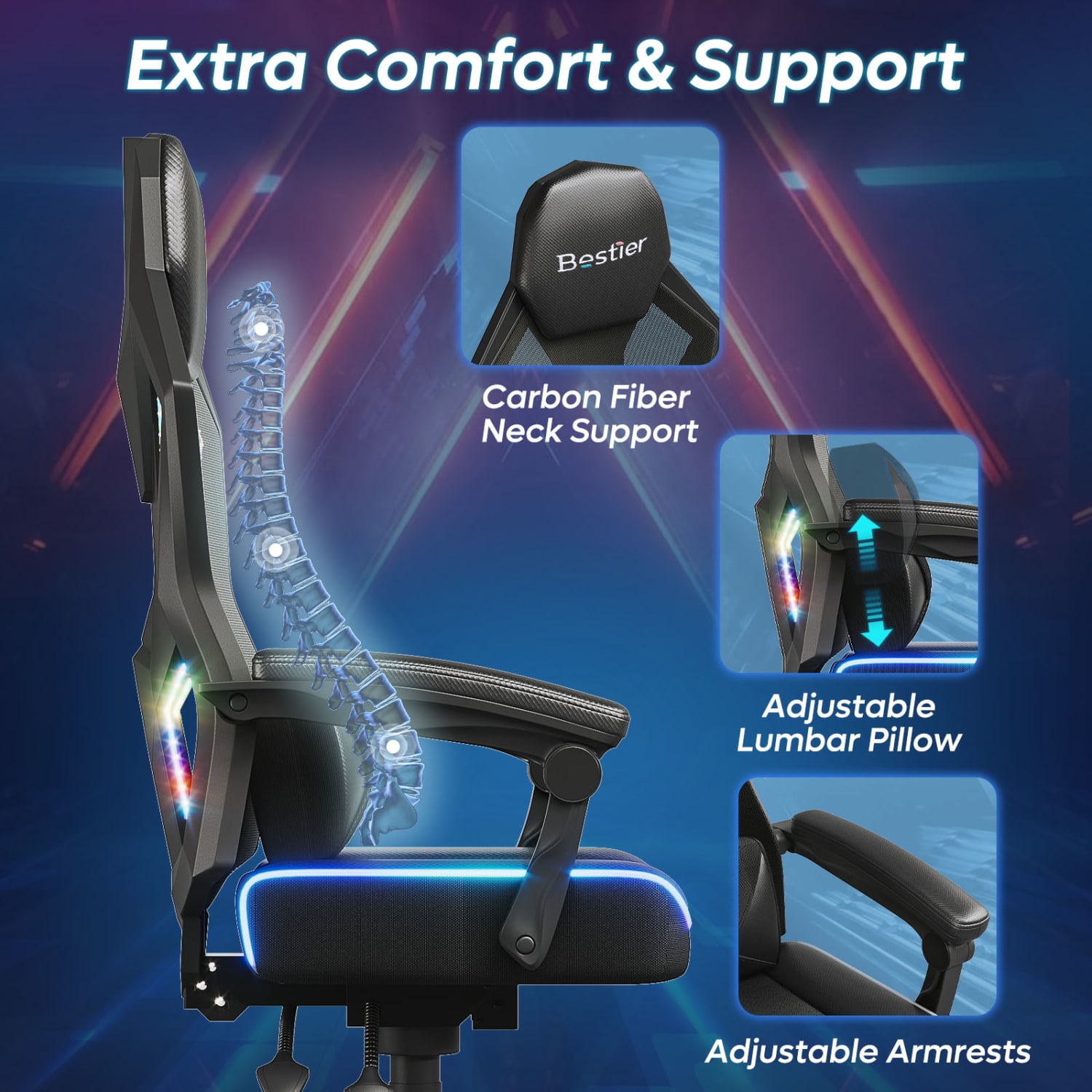 Bestier Ergonomic Gaming Chair With Integrated LED Lights, Black - Image 6