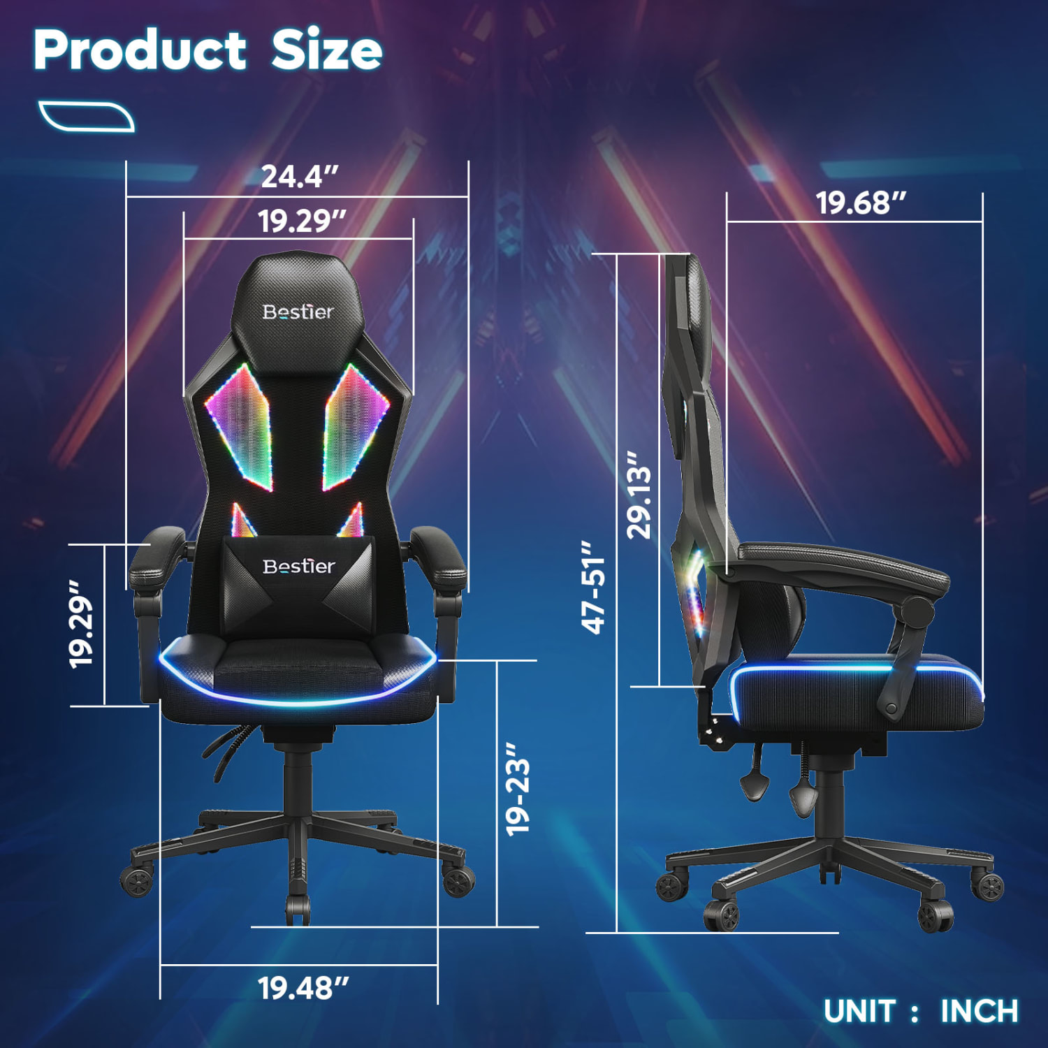 Bestier Ergonomic Gaming Chair With Integrated LED Lights, Black - Image 7