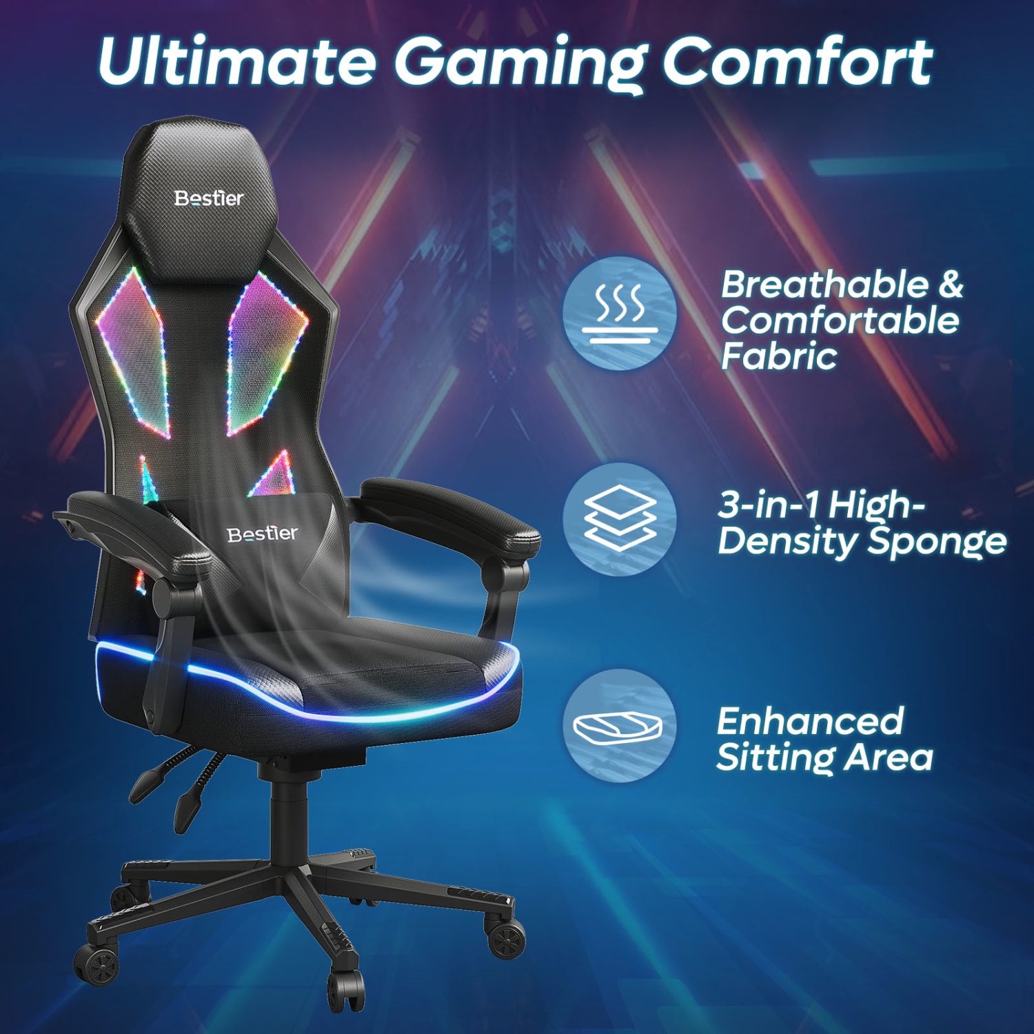 Bestier Ergonomic Gaming Chair With Integrated LED Lights, Black - Image 8