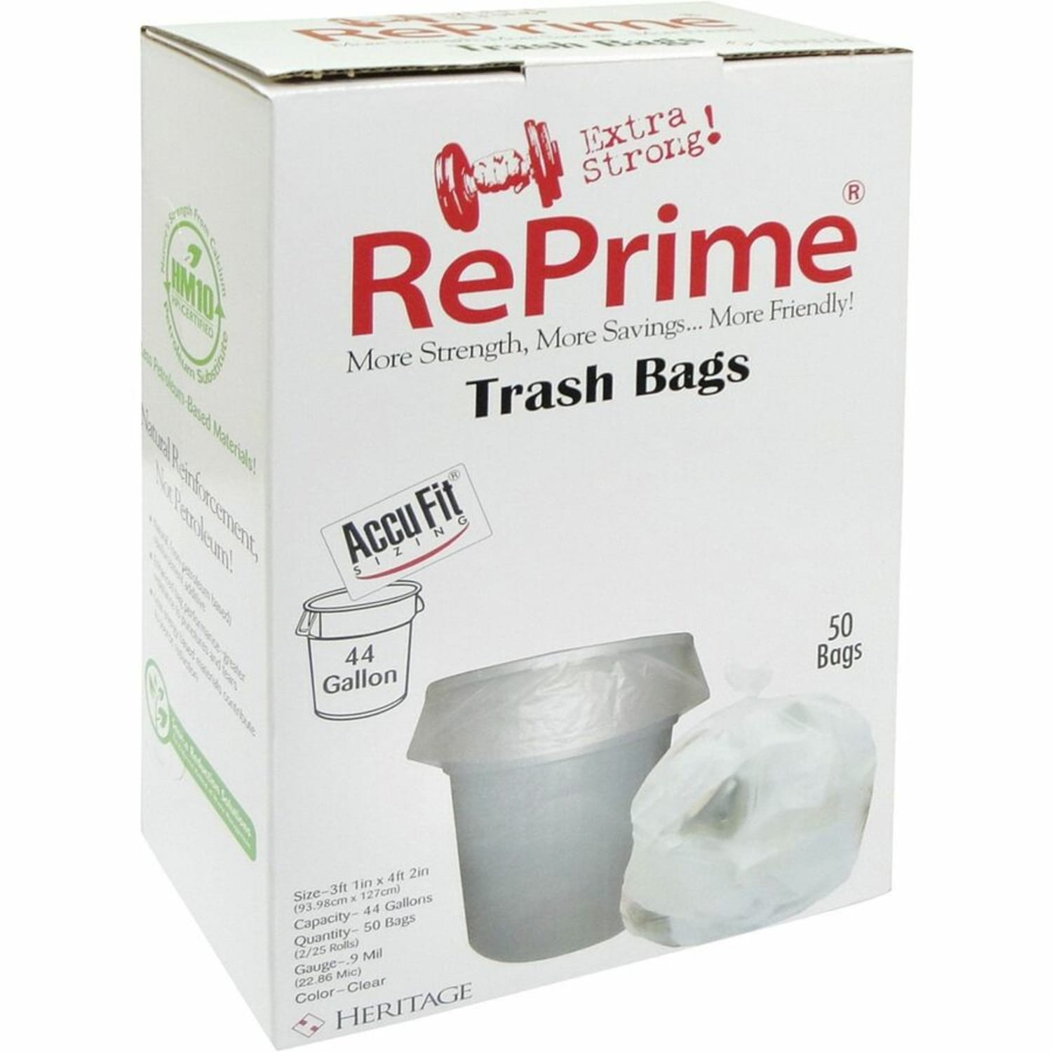 Heritage RePrime AccuFit 44-gal Can Liners - 44 gal Capacity - 37in Width x 50in Length x 0.90 mil (23 Micron) Thickness - Low Density - Clear - Linear Low-Density Polyethylene (LLDPE) - Garbage - 50 / Box - 4 / Carton - Image 3