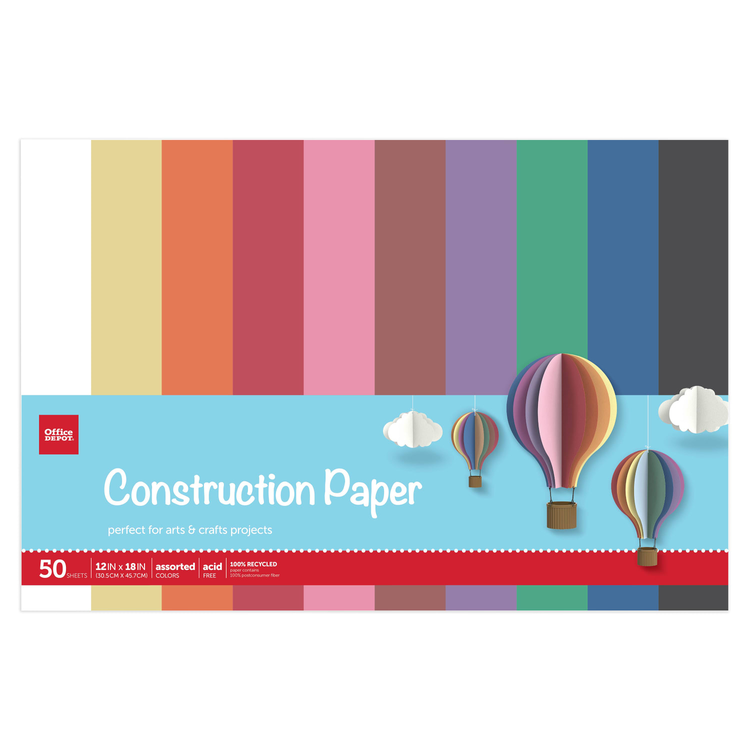 Office Depot Brand Construction Paper, 12in x 18in, 100% Recycled, Assorted Colors, Pack Of 50 Sheets