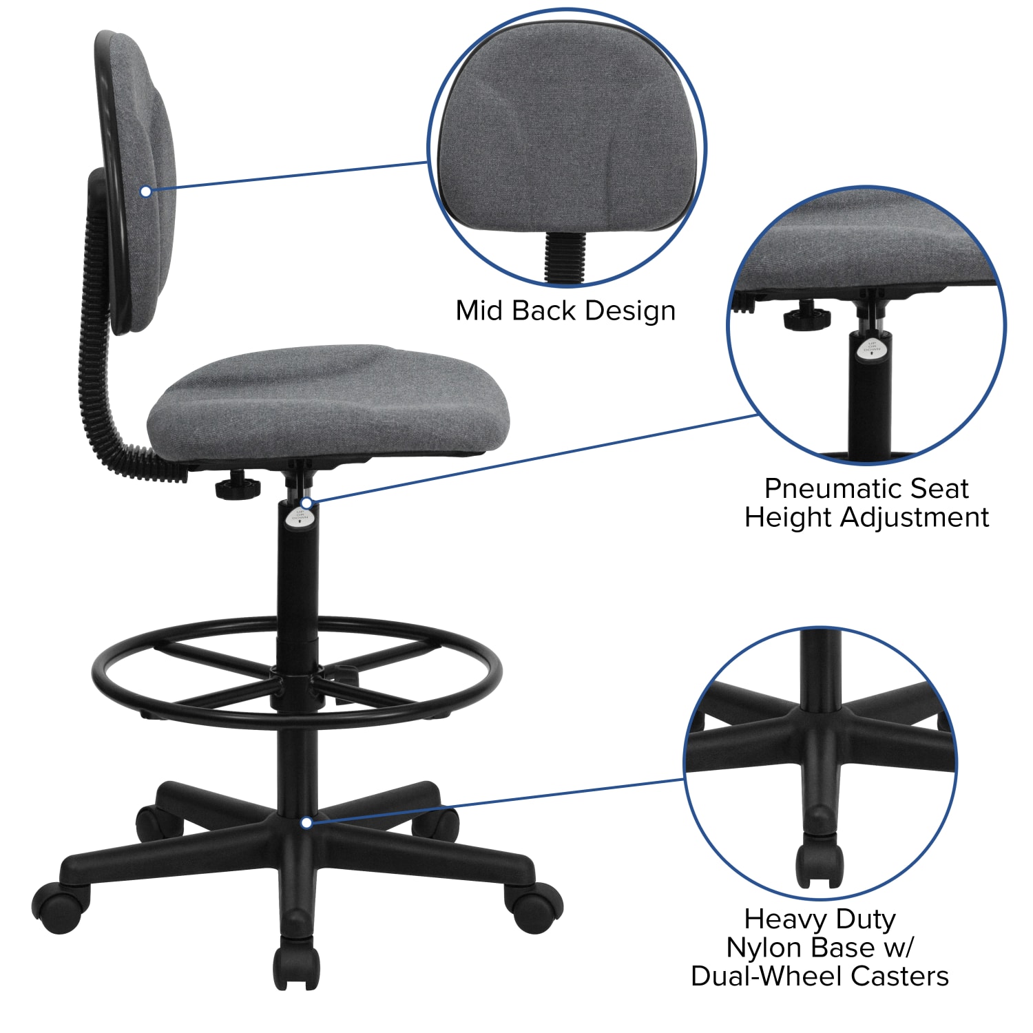 Flash Furniture Fabric Drafting Chair (Cylinders: 22.5ft"-27ft"H or 26ft"-30.5ft"H), Gray/Black - Image 4