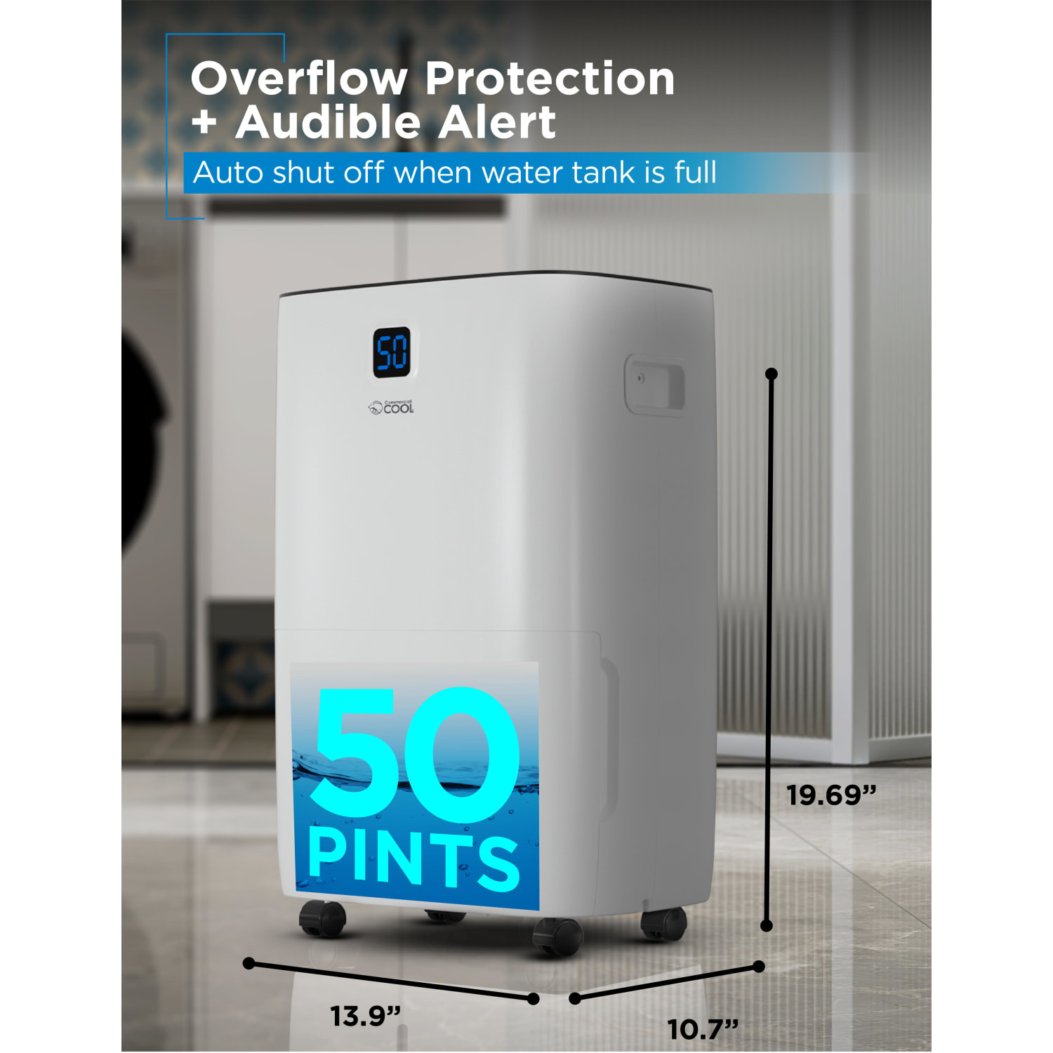 Commercial Cool Portable Dehumidifier, 50 Pint, 24-1/2inH x 15-1/2inW x 11-3/4inD - Image 5