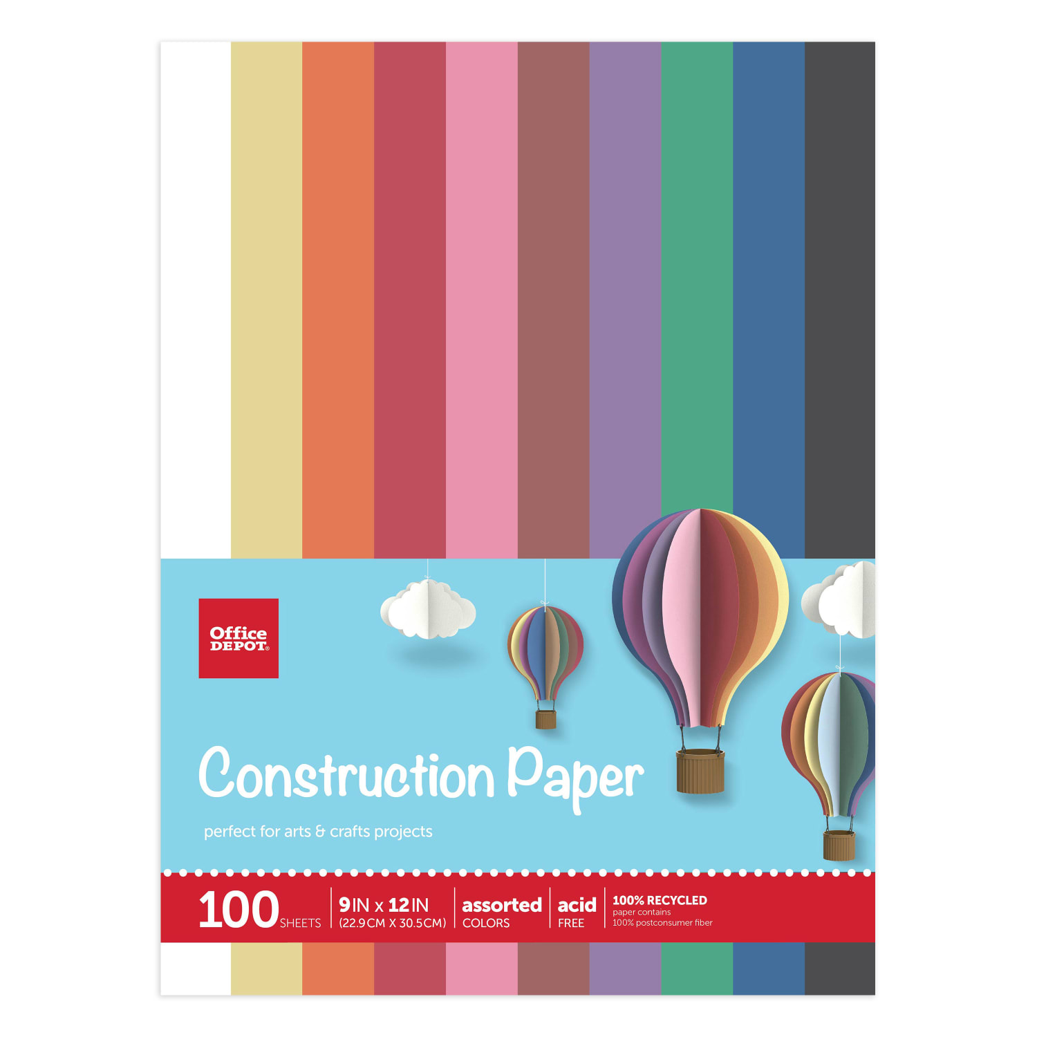 Office Depot Brand Construction Paper, 9in x 12in, 100% Recycled, Assorted Colors, Pack Of 100 Sheets