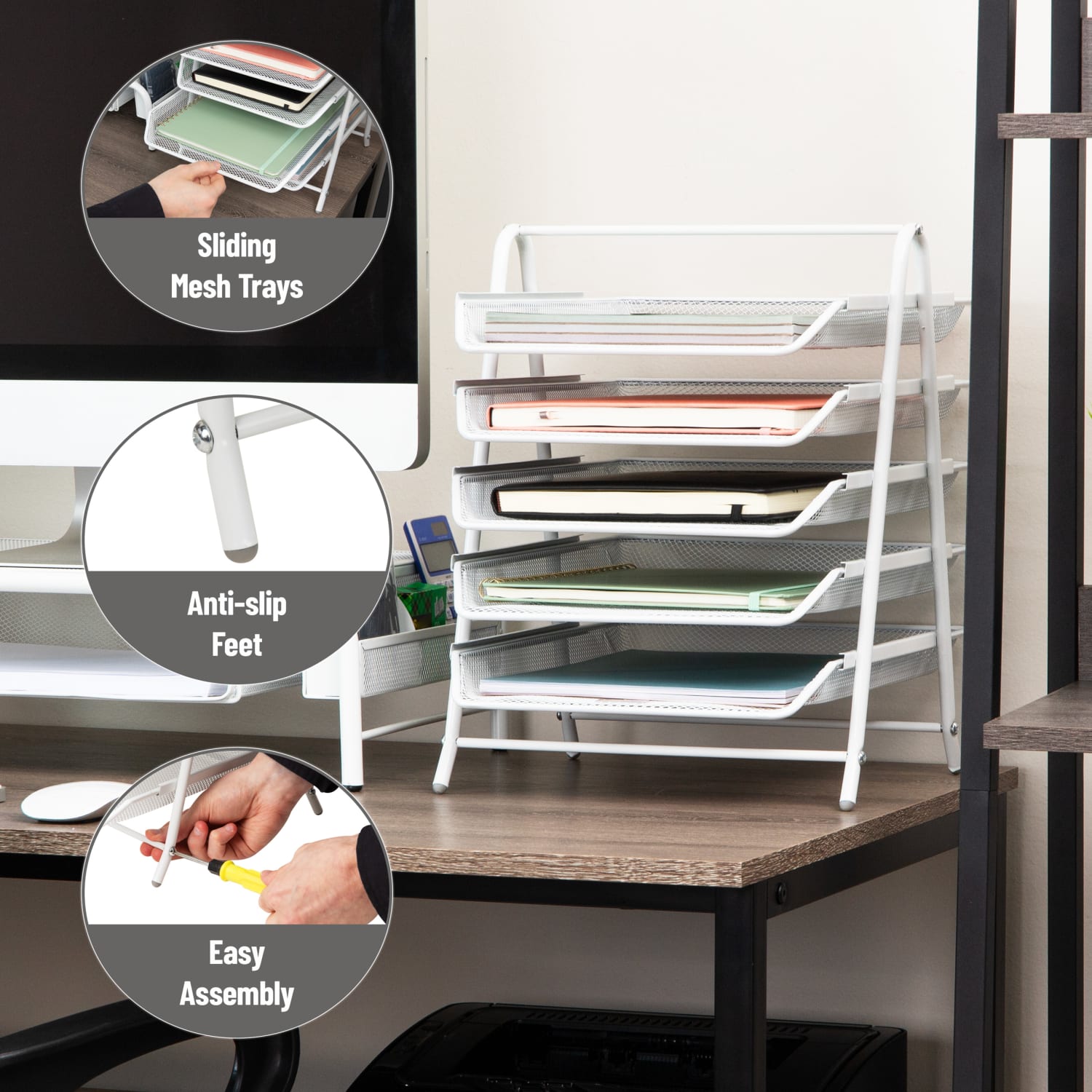 Mind Reader 5-Tier Paper Tray Desktop Organizer Metal Mesh, 14-1/2inH x 14inW x 11-3/4in L, White - Image 5