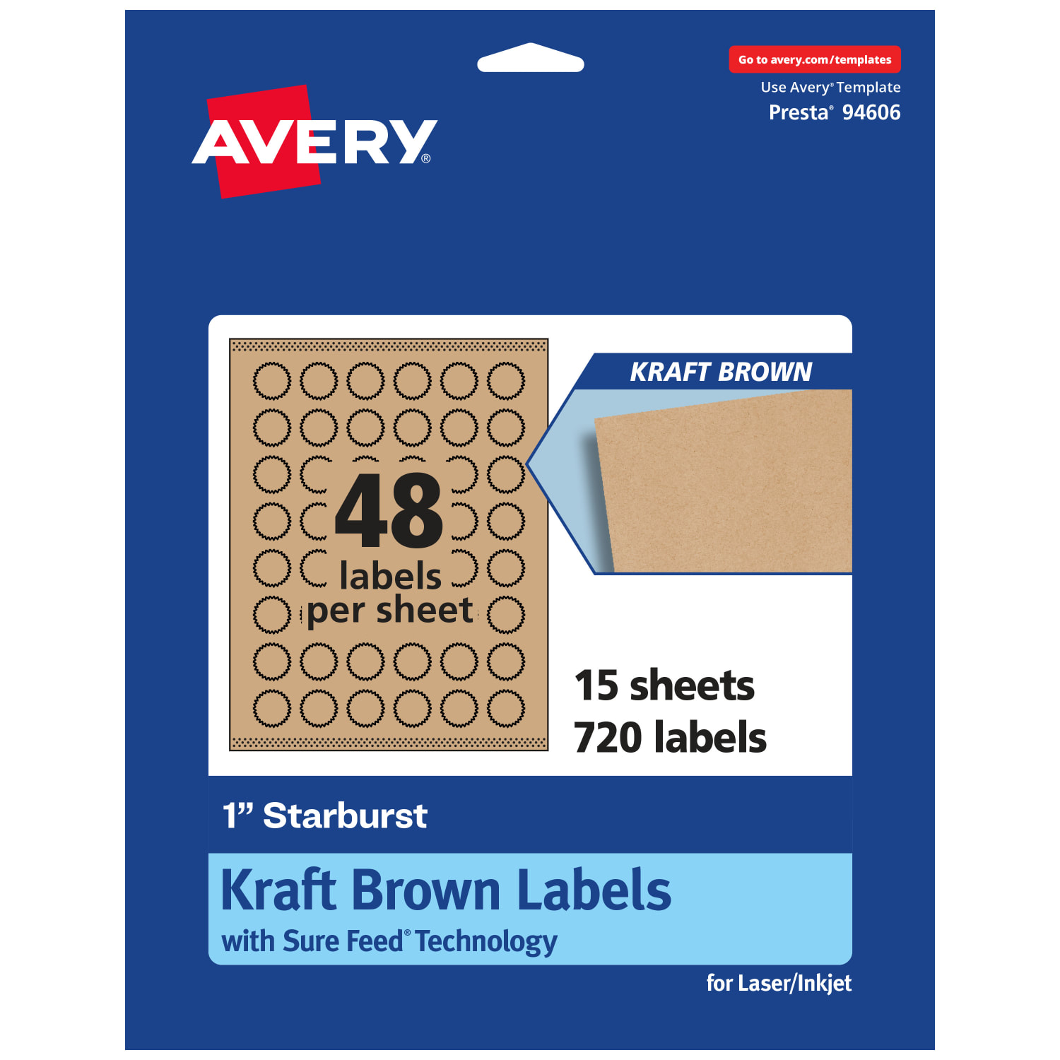 Avery Kraft Permanent Labels With Sure Feed, 94606-KMP15, Starburst, 1in, Brown, Pack Of 720