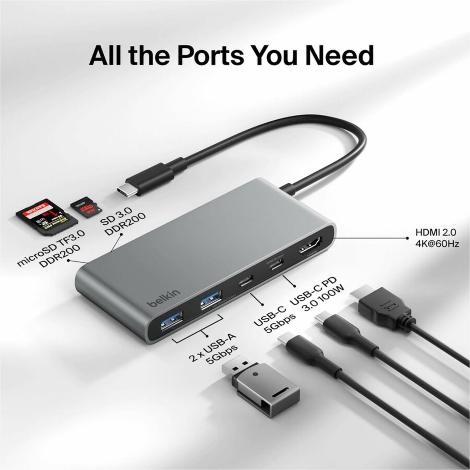 Belkin 7-Port USB-C Hub, USB-C to, 2xUSB-A, 2xUSB-C, 1x4K HDMI, 1xSD + 1xMicroSD Reader, Black, AVC023FQSGY - Image 4