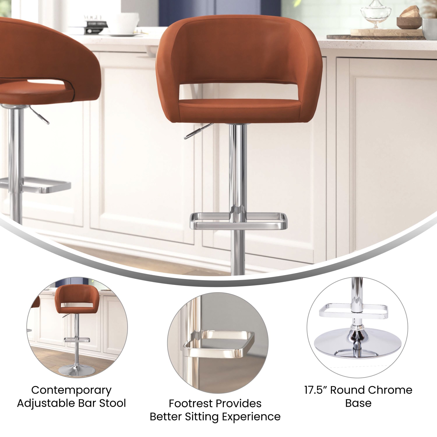 Flash Furniture Contemporary Vinyl Adjustable Height Bar Stool With Rounded Back CognacChrome PopularChairscom Flash Furniture Contemporary Vinyl Adjustable Height Bar Stool With Rounded Back CognacChrome PopularChairscom