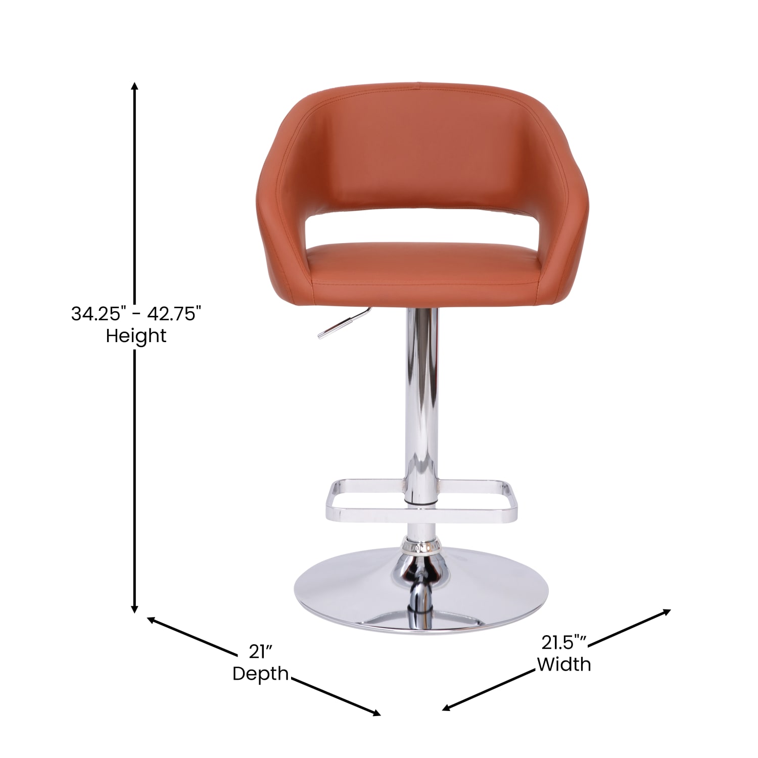 Flash Furniture Contemporary Vinyl Adjustable Height Bar Stool With Rounded Back, Cognac/Chrome - Image 6