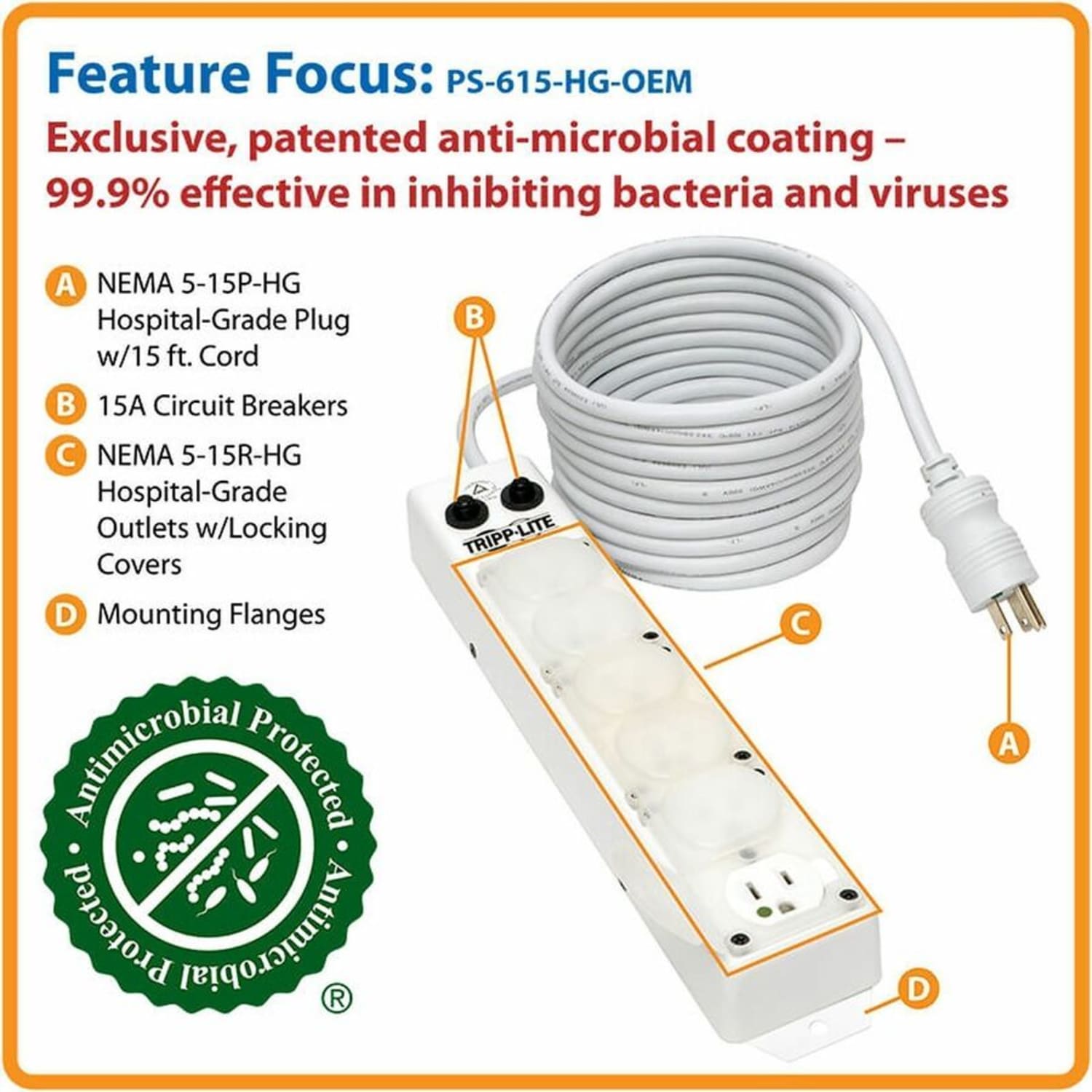 Tripp Lite Safe-IT For Patient-Care Vicinity - UL 1363A Medical-Grade Antimicrobial Power Strip 6 15A Hospita - PS615HGOEM - Image 3