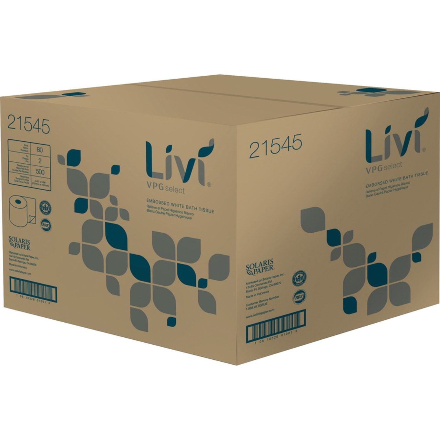 Livi Leaf VPG Bath Tissue - 2 Ply - 4.49in Width x 3.98in Length - 500 Sheets/Roll - White - Virgin Fiber - 80 / Carton - Image 4