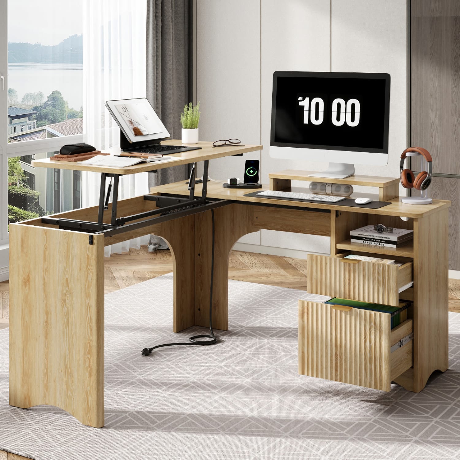 Bestier 55inW L-Shaped Adjustable Height Computer Standing Desk With Power Outlets, Lift-Top And Monitor Stand, Natural - Image 3