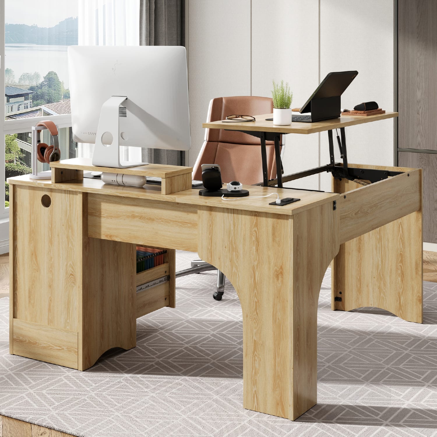 Bestier 55inW L-Shaped Adjustable Height Computer Standing Desk With Power Outlets, Lift-Top And Monitor Stand, Natural - Image 3