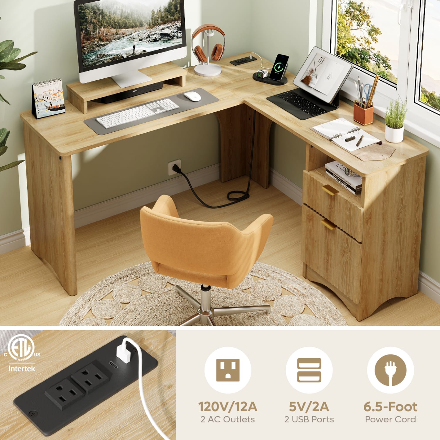 Bestier 55inW L-Shaped Adjustable Height Computer Standing Desk With Power Outlets, Lift-Top And Monitor Stand, Natural - Image 4