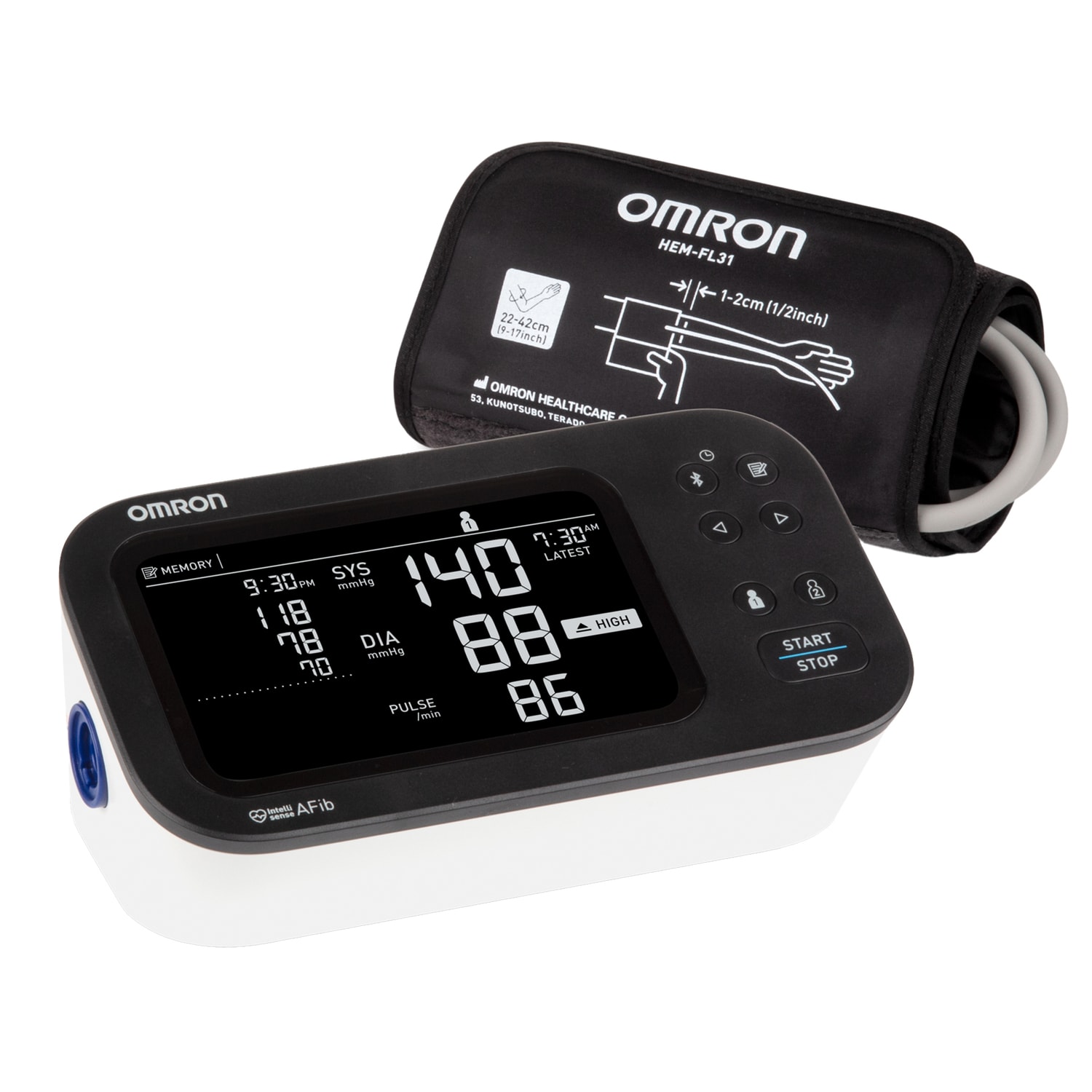 Omron 10 Series Upper Arm Blood Pressure Monitor and Cuff with Bluetooth & Wide Backlit LCD Display, BP7465