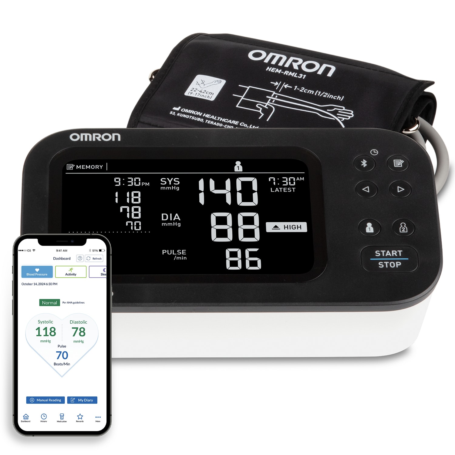 Omron 10 Series Upper Arm Blood Pressure Monitor and Cuff with Bluetooth & Wide Backlit LCD Display, BP7465 - Image 5