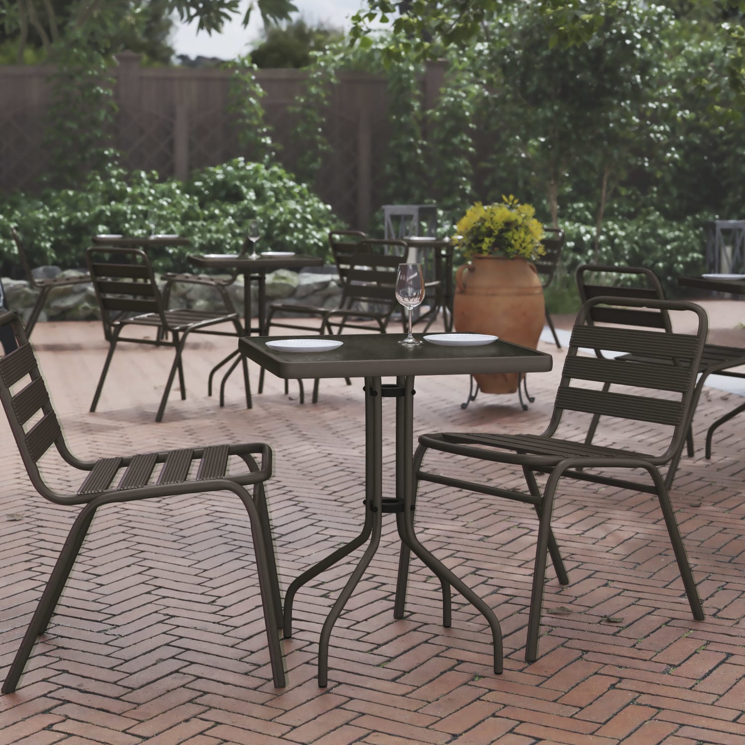 Flash Furniture Barker Square Tempered-Glass Metal Outdoor Furniture Table, 28inH x 23-1/2inW x 23-1/2inD, Clear/Bronze