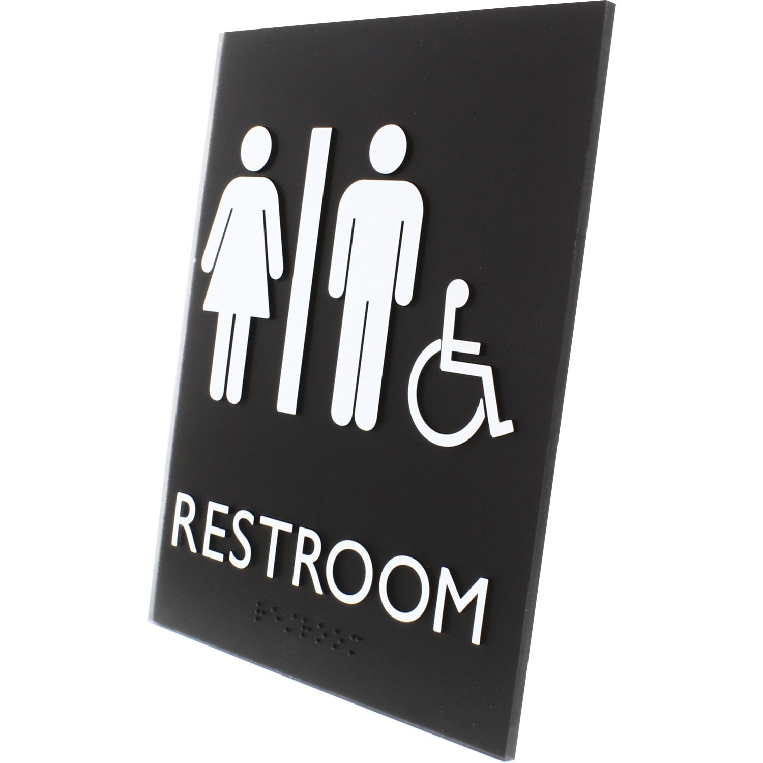 Lorell Unisex Handicap Restroom Sign - Print/Message "Restroom (Man/Woman/Wheelchair)" - 6.4in Width x 8.5in Height - Rectangular Shape - Surface-mountable - Easy Readability, Braille - Restroom - Plastic - Black - 1 Each - Image 4