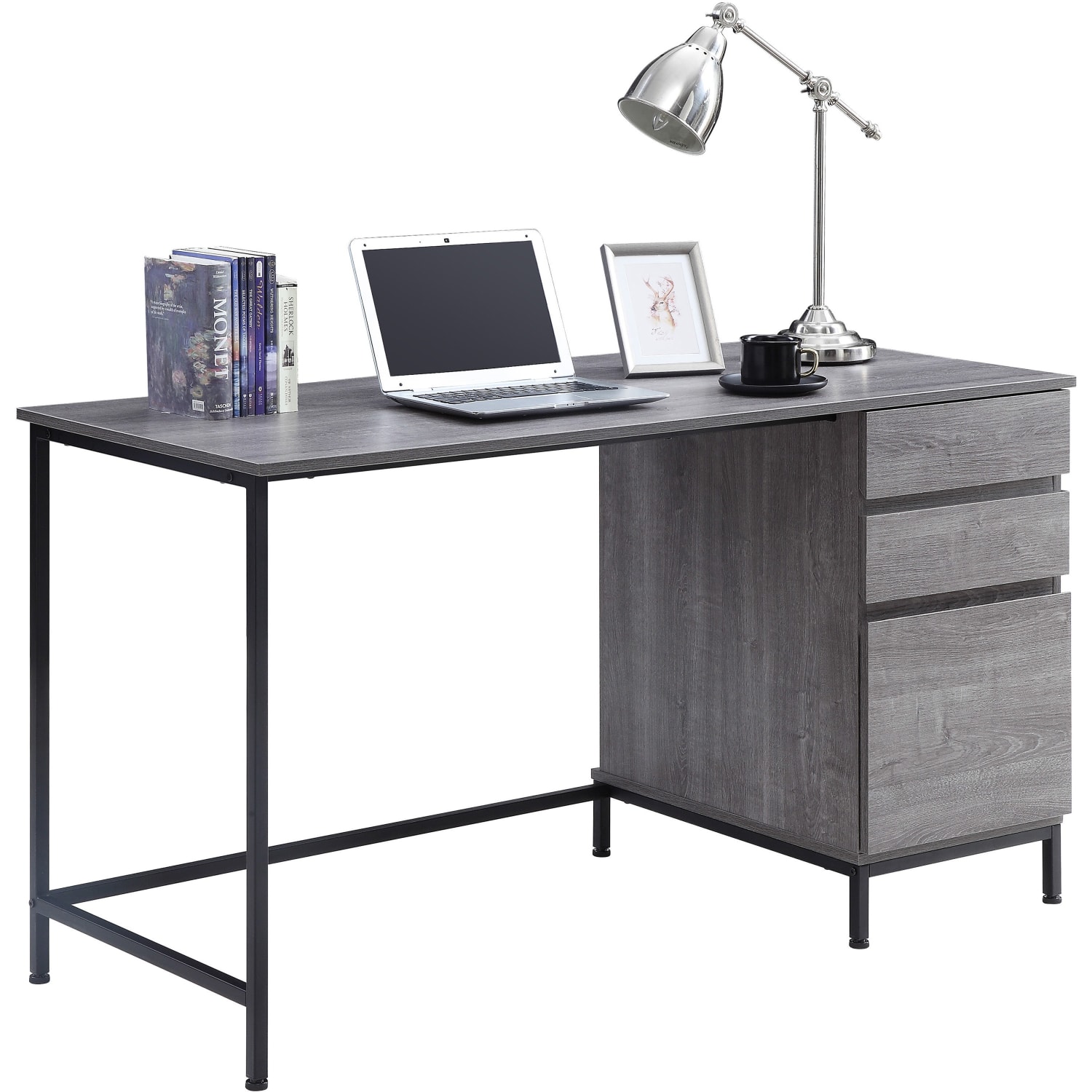 Lorell SOHO Desk with Side Drawers, 30inH x 55inW x 23.6inD, 3 x File Drawer(s), Single Pedestal on Right Side, Charcoal