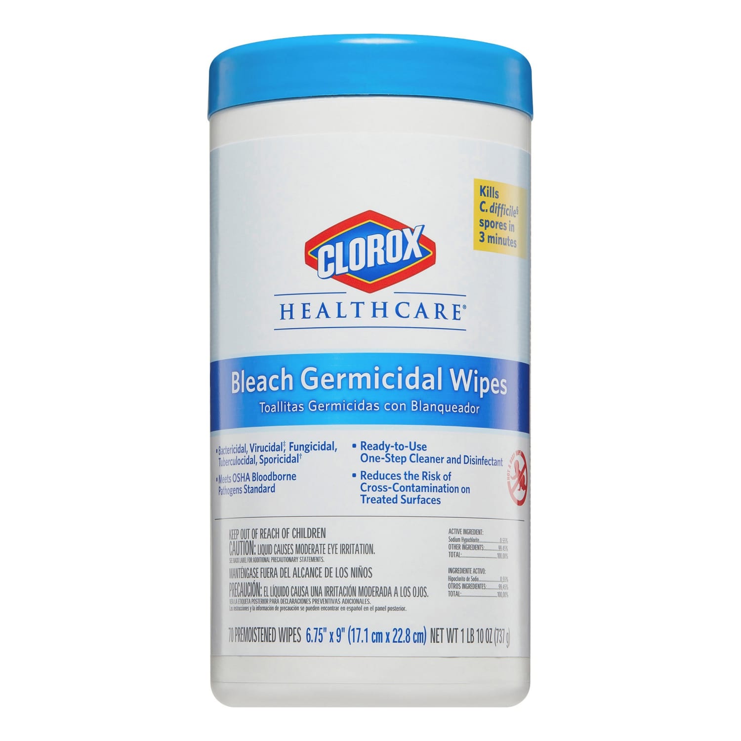 Clorox Healthcare Bleach Germicidal Wipes - Ready-To-Use - 9in Length x 6.75in Width - Disinfectant, Antimicrobial, Anti-corrosive, Unscented - White - 70Tub - 6 / Carton - Image 3
