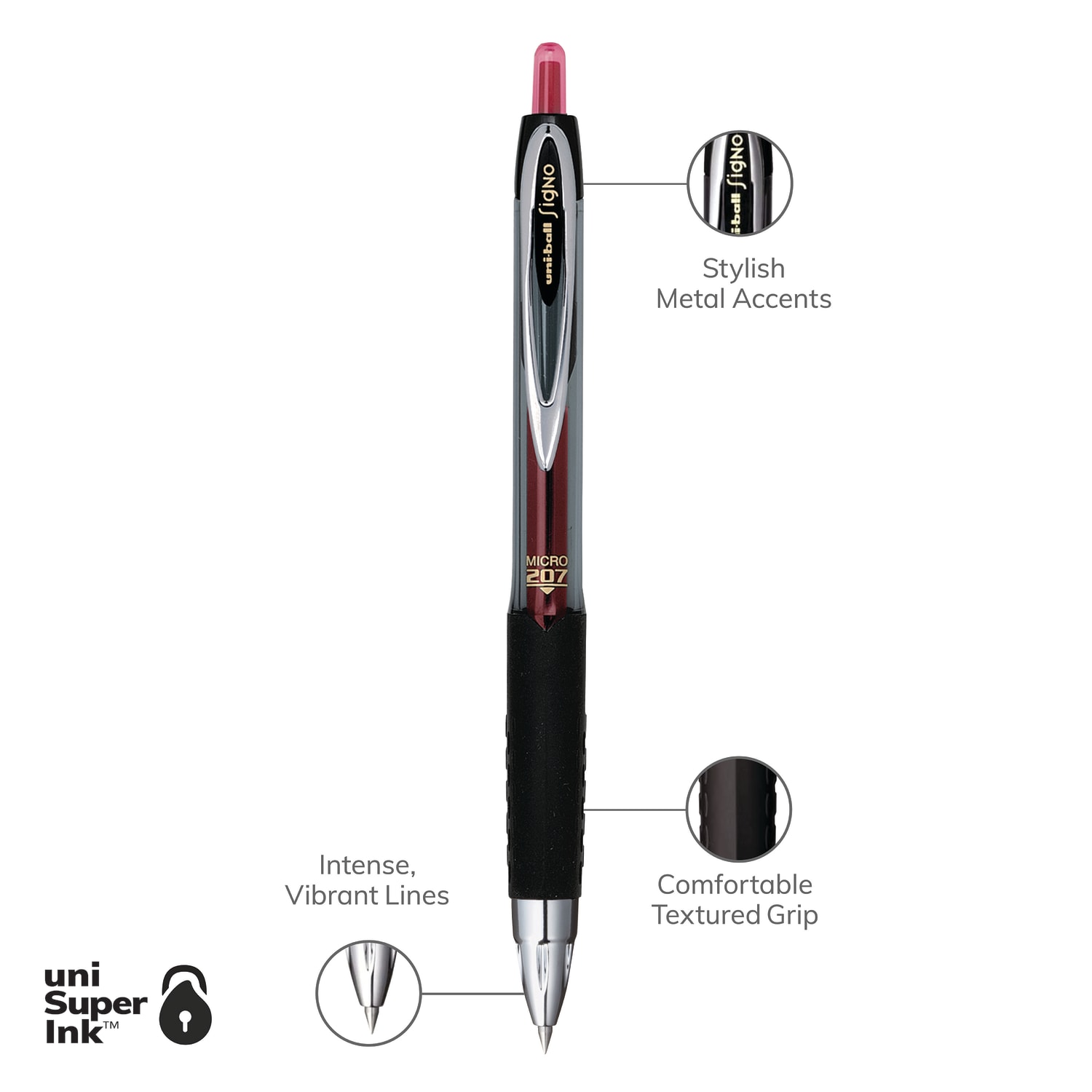 uni-ball 207 Retractable Fraud Prevention Gel Pens, Micro Point, 0.5 mm, Black Barrels, Red Ink, Pack Of 12 - Image 4