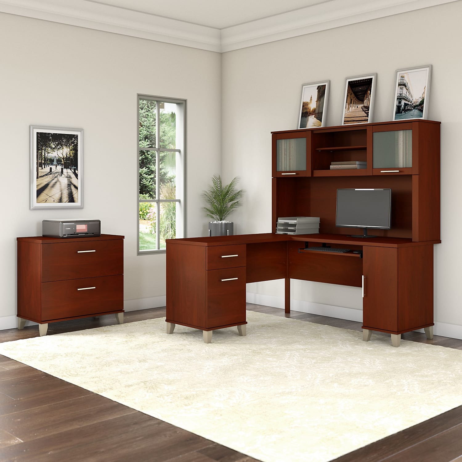 Bush Furniture Somerset L Shaped Desk With Hutch And Lateral File Cabinet, 60inW, Hansen Cherry, Standard Delivery - Image 3