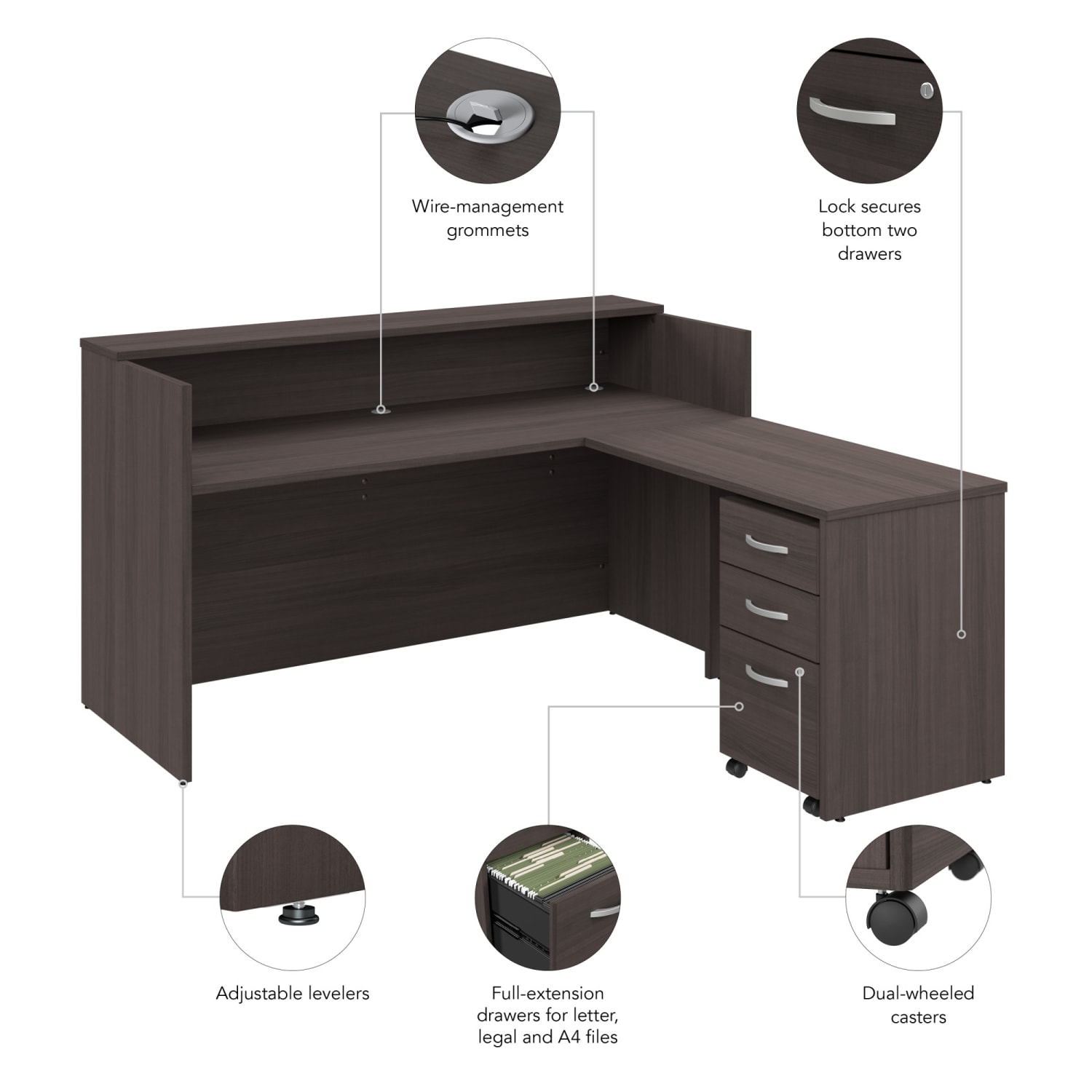 Bush Business Furniture Arrive 72inW L Shaped Reception Desk with Shelf and Mobile File Cabinet, Storm Gray, Standard Delivery - Image 5