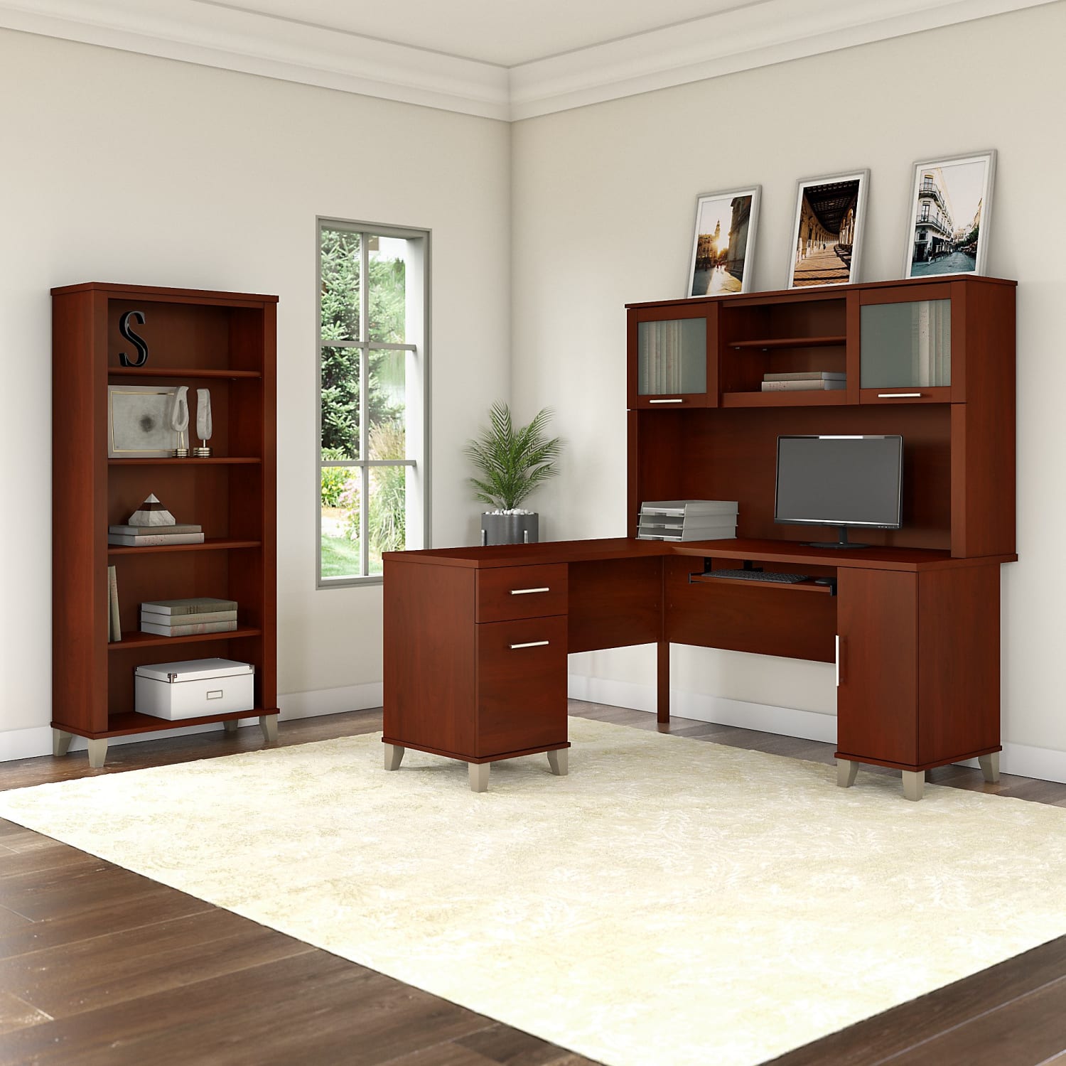 Bush Furniture Somerset L Shaped Desk With Hutch And 5 Shelf Bookcase, 60inW, Hansen Cherry, Standard Delivery - Image 3