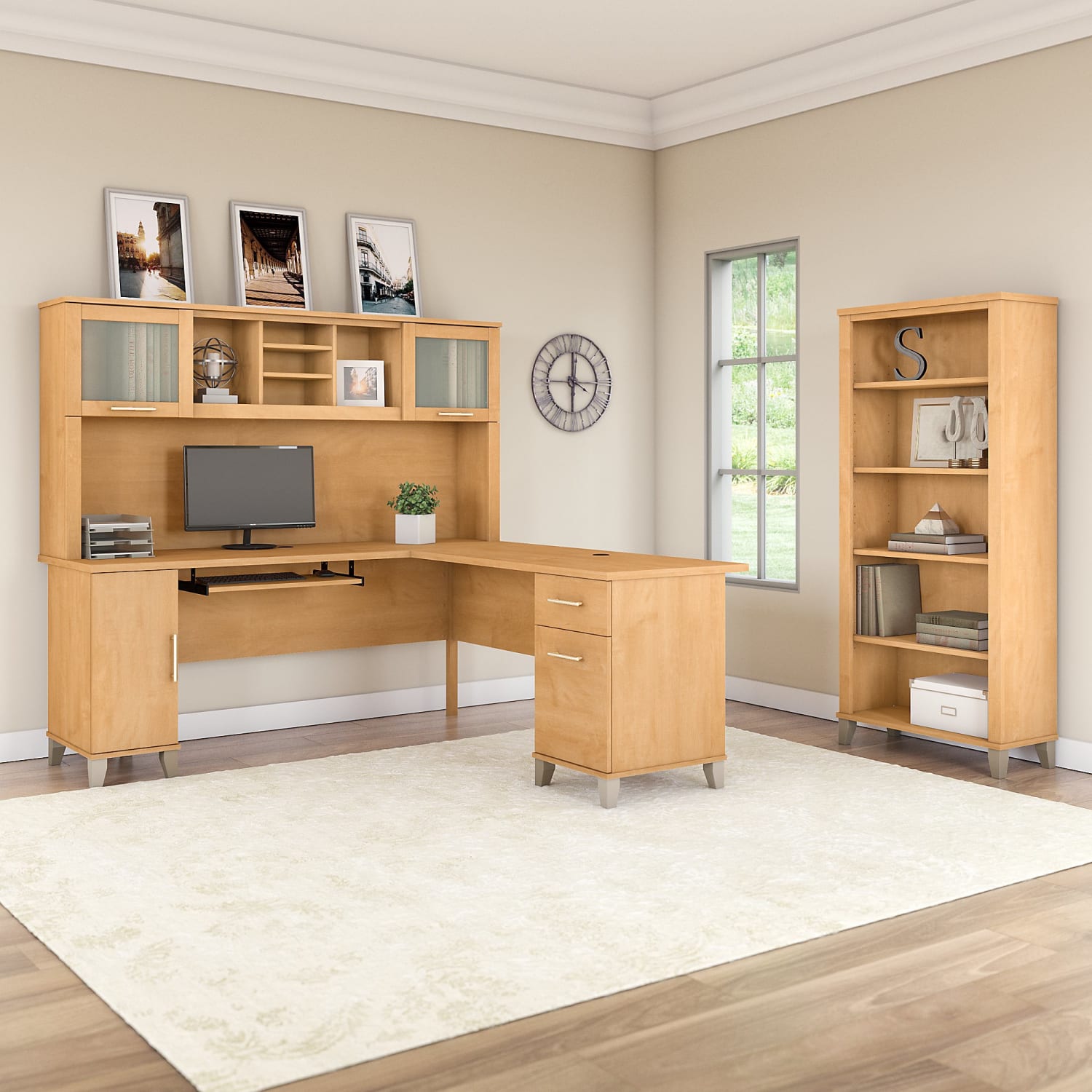Bush Furniture Somerset L Shaped Desk With Hutch And 5 Shelf Bookcase, 72inW, Maple Cross, Standard Delivery - Image 3
