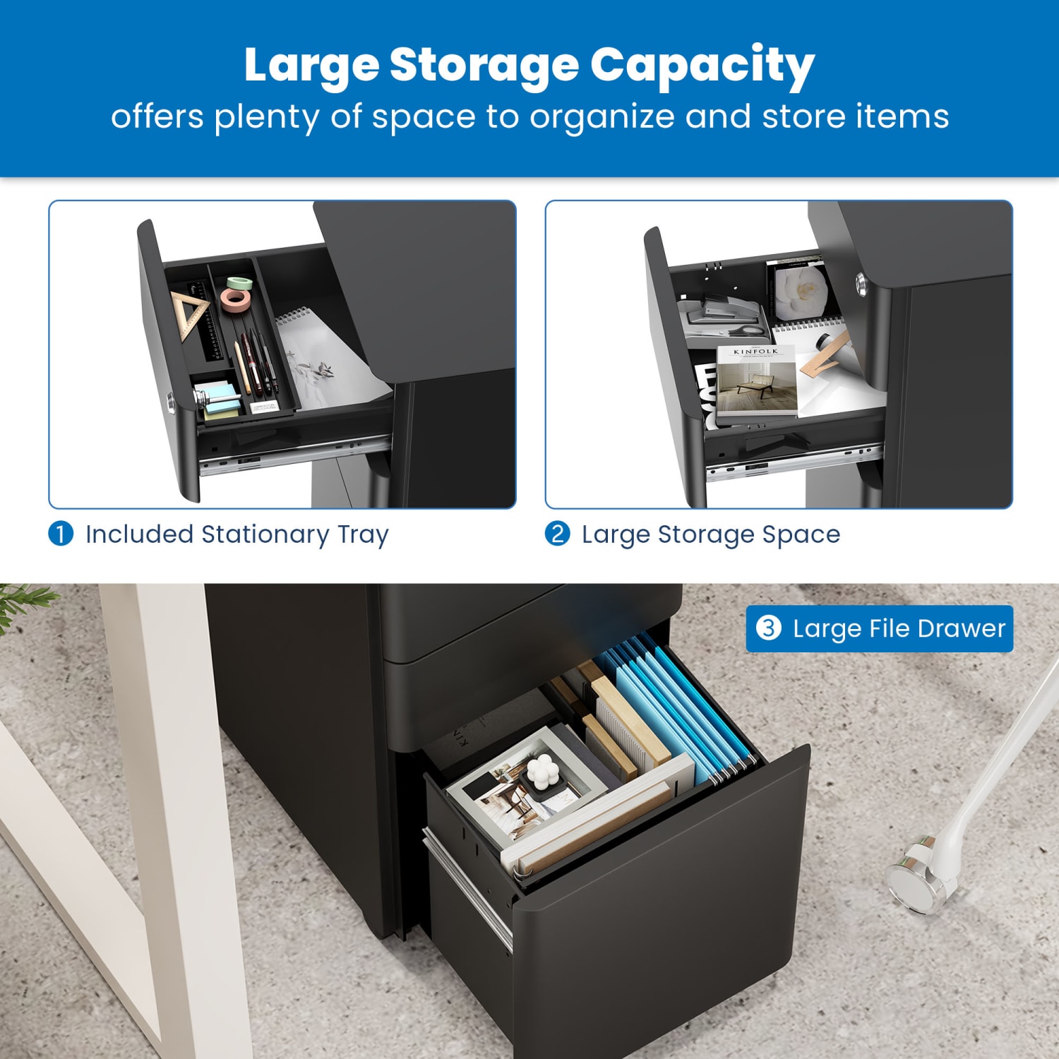 Mount-It! Slim 20inD Vertical 3-Drawer Rolling File Cabinet, Black - Image 4