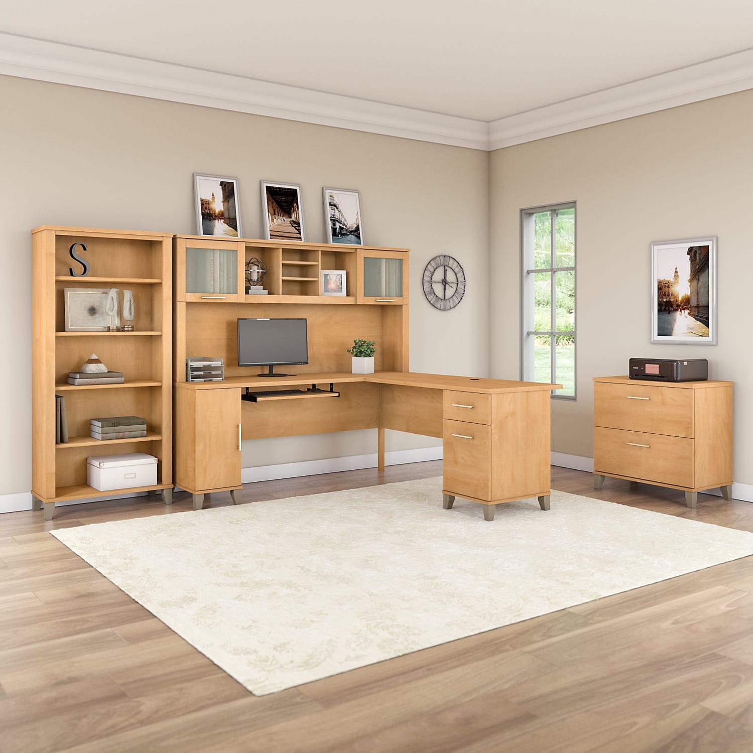 Bush Furniture Somerset 72inW L Shaped Desk With Hutch, Lateral File Cabinet And Bookcase, Maple Cross, Standard Delivery - Image 3