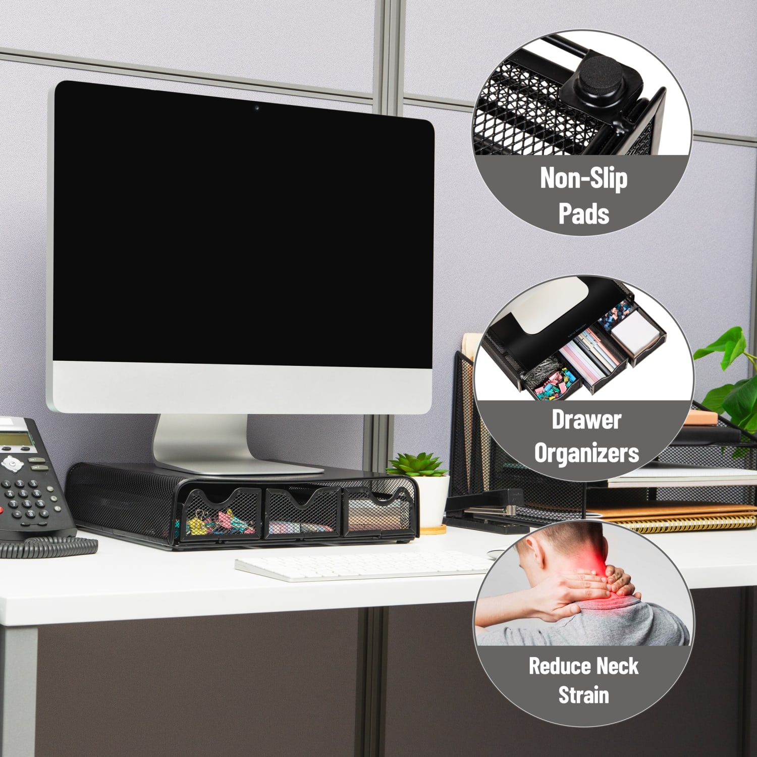 Mind Reader Metal Monitor Stand and Desk Organizer, 3inH x 12-1/2inW x 13-1/4inL, Black - Image 5