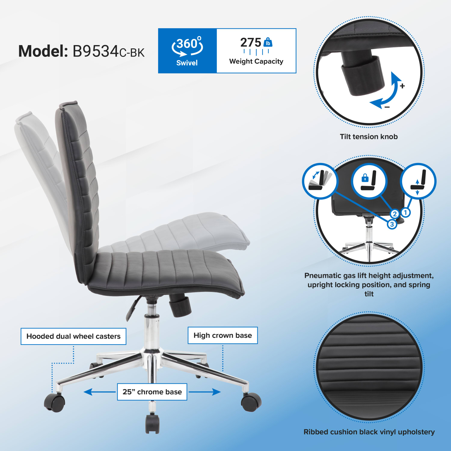 Boss Office Products Sleek Ribbed Armless Task Chair Black PopularChairscom Boss Office Products Sleek Ribbed Armless Task Chair Black PopularChairscom