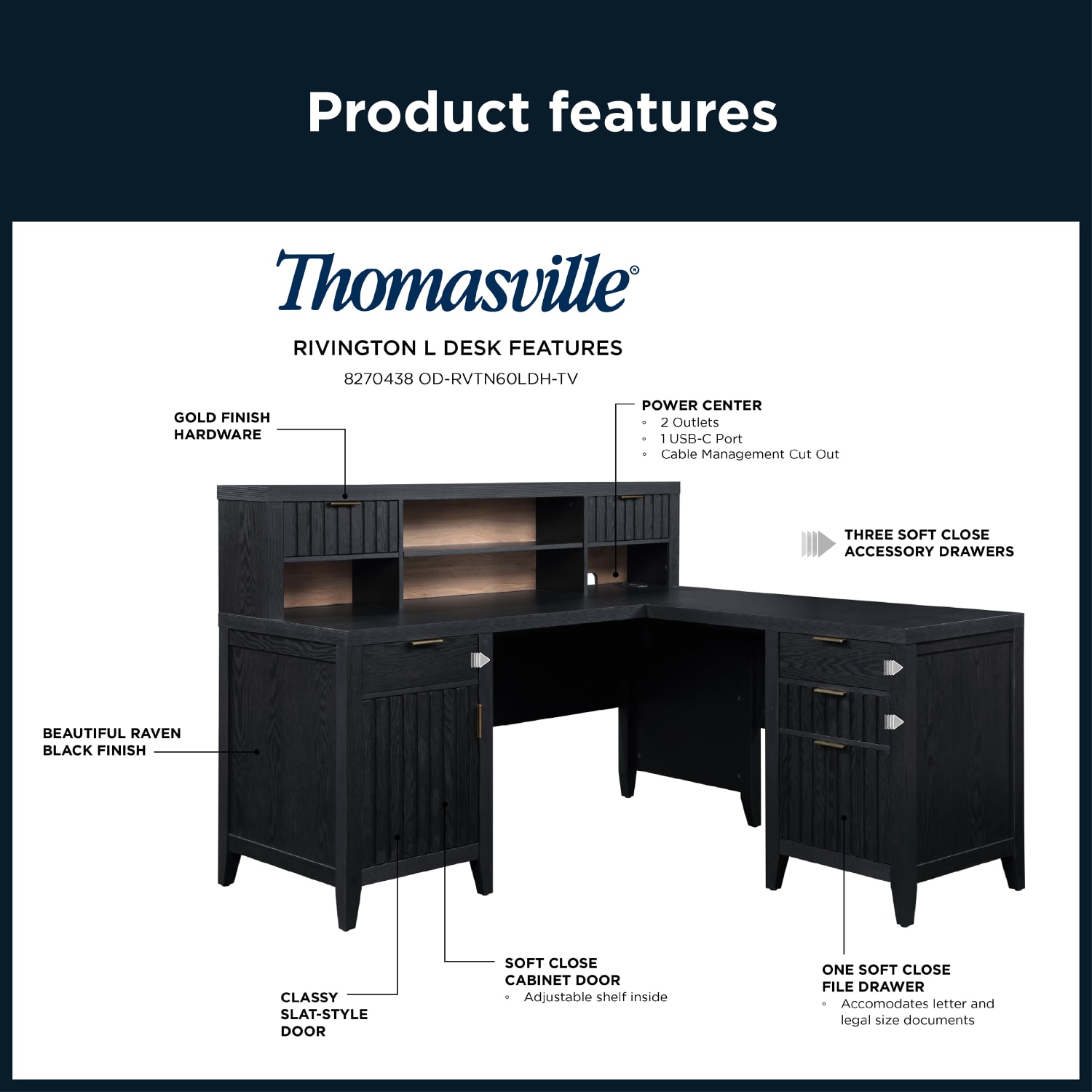 Thomasville Rivington 60inW L-Shaped Corner Desk & Hutch With Integrated Power Outlet, Raven Black - Image 5