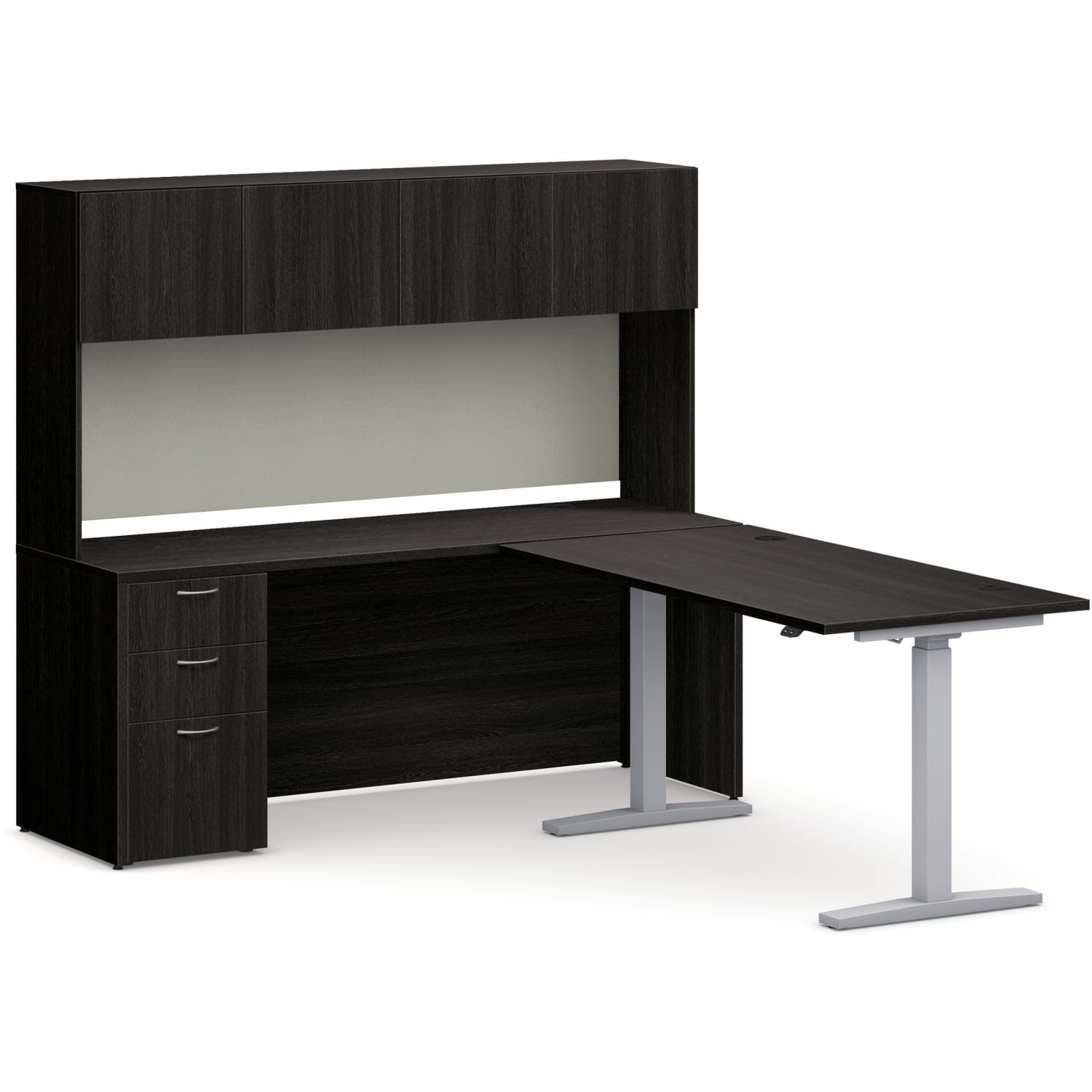 HON Mod 60inW Executive Height-Adjustable Computer Desk Workstation With Storage, Java Oak/Cool Neutral/Silver - Image 3