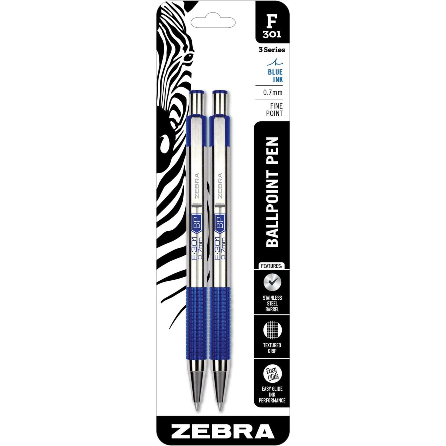 Zebra Pen BCA F-301 Ballpoint Pens, Fine Point, Stainless Steel Barrel, Blue Ink, Pack Of 2 - Image 3