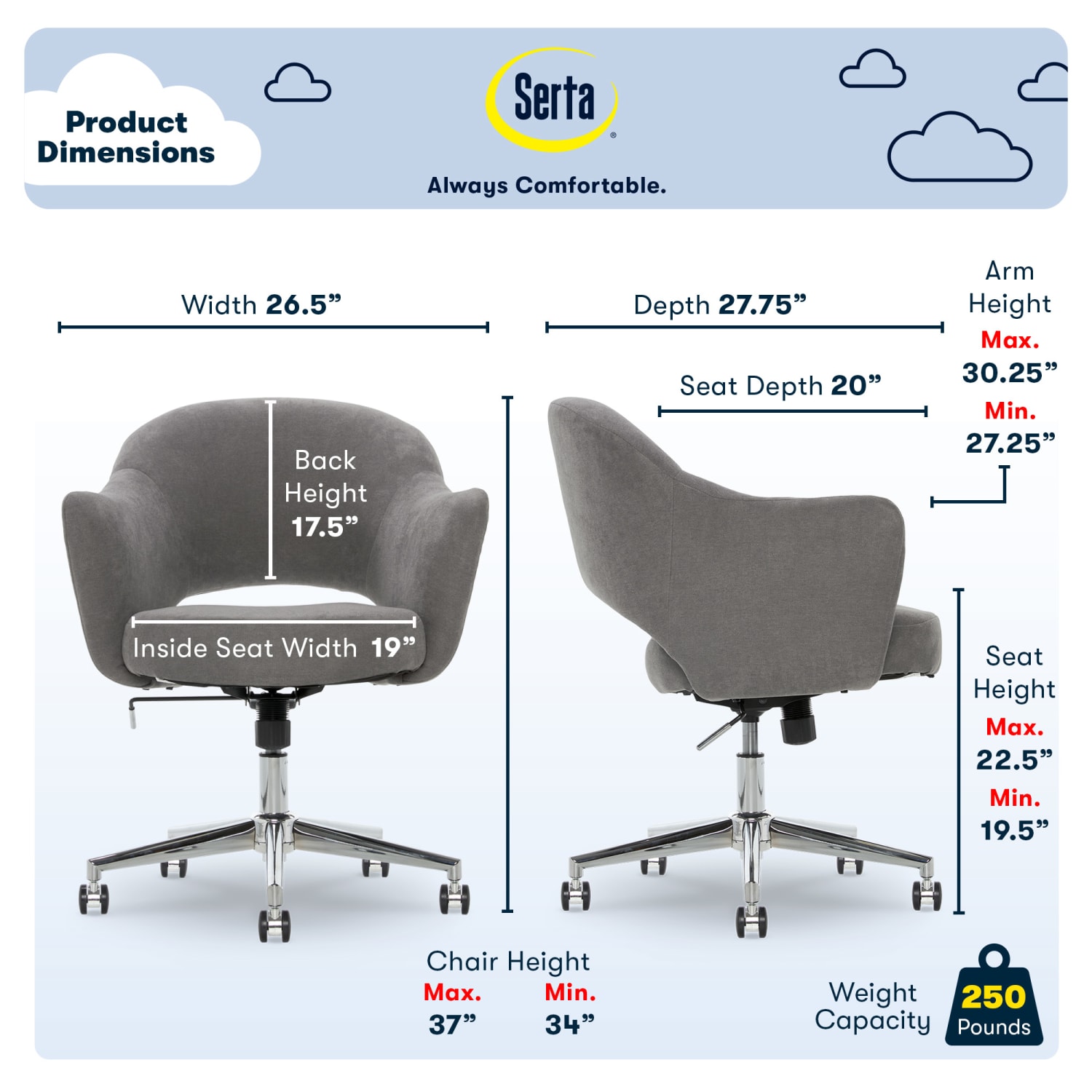 Serta Valletta Home Office Chair, Dovetail Gray/Chrome - Image 4