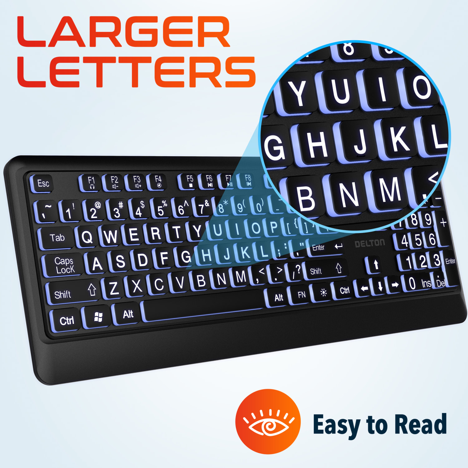 Delton KB20 Large Print Big Key Backlit Wired Keyboard, Black, Total Qty 1 - Image 3